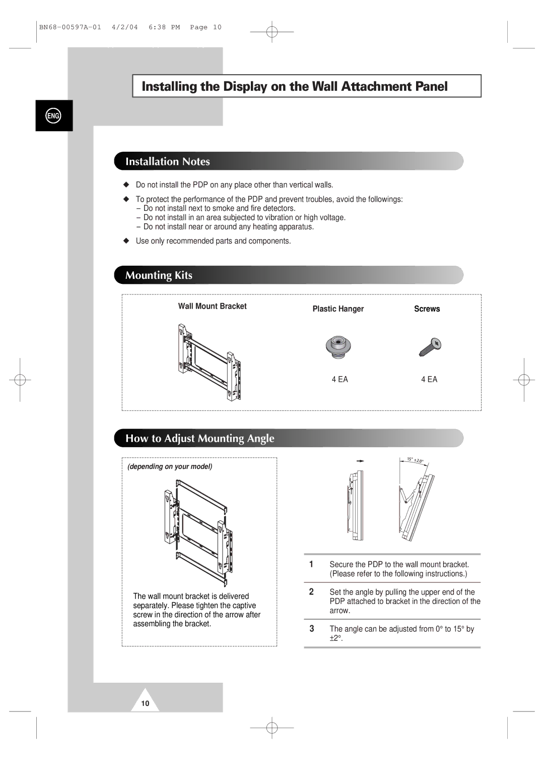 Samsung 4240 manual Installing the Display on the Wall Attachment Panel, Wall Mount Bracket Plastic Hanger 