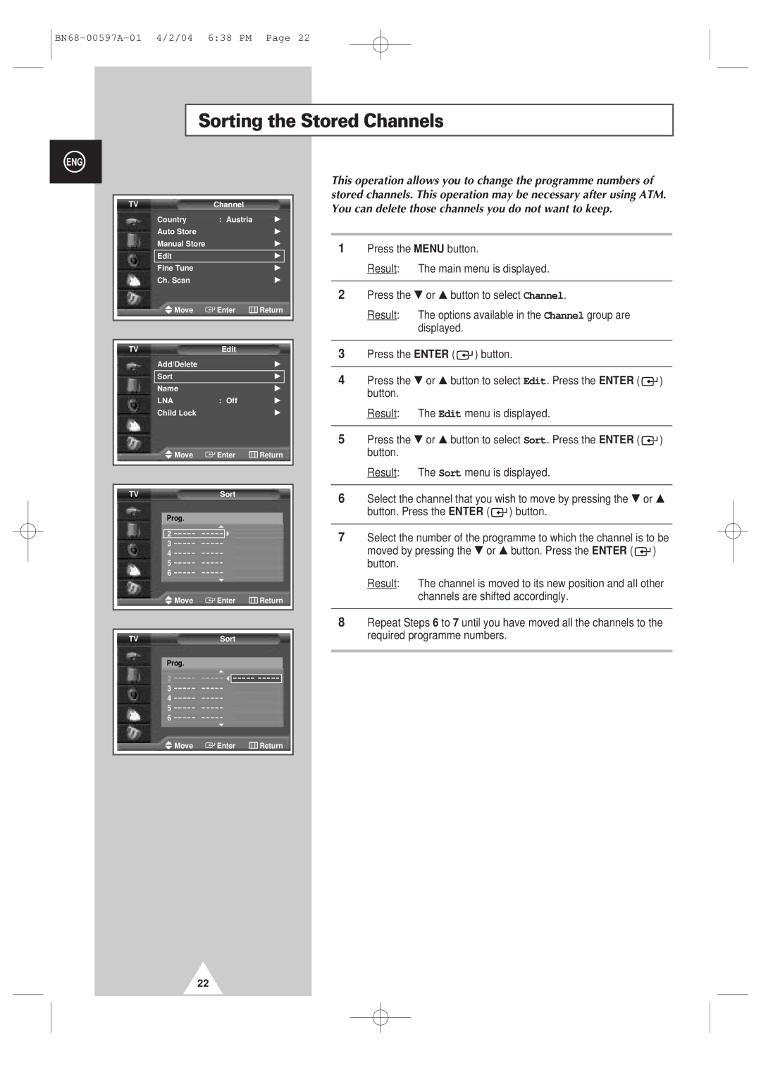 Samsung 4240 manual Sorting the Stored Channels 