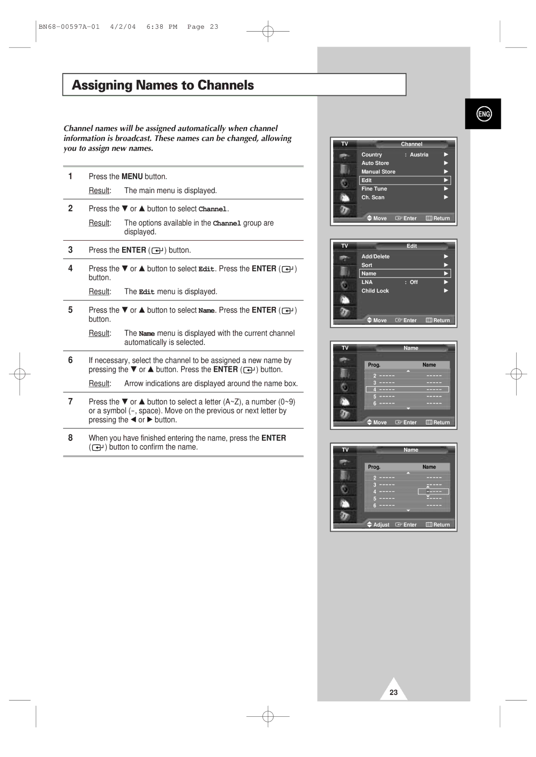 Samsung 4240 manual Assigning Names to Channels 