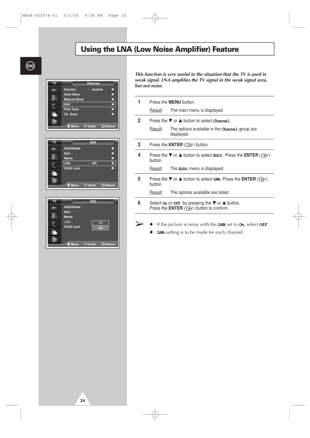 Samsung 4240 manual Using the LNA Low Noise Amplifier Feature 