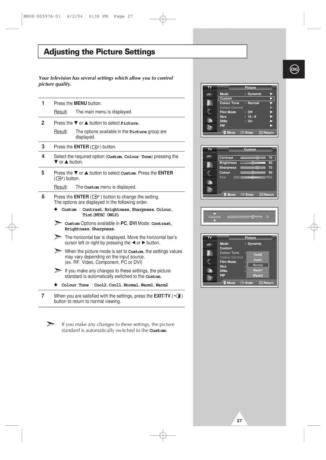 Samsung 4240 Adjusting the Picture Settings, Custom Options available in PC, DVI Mode Contrast, Brightness, Sharpness 