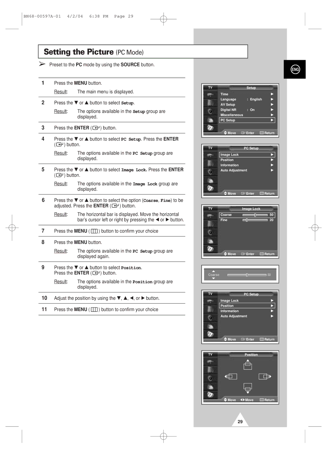 Samsung 4240 manual Setting the Picture PC Mode, Preset to the PC mode by using the Source button 