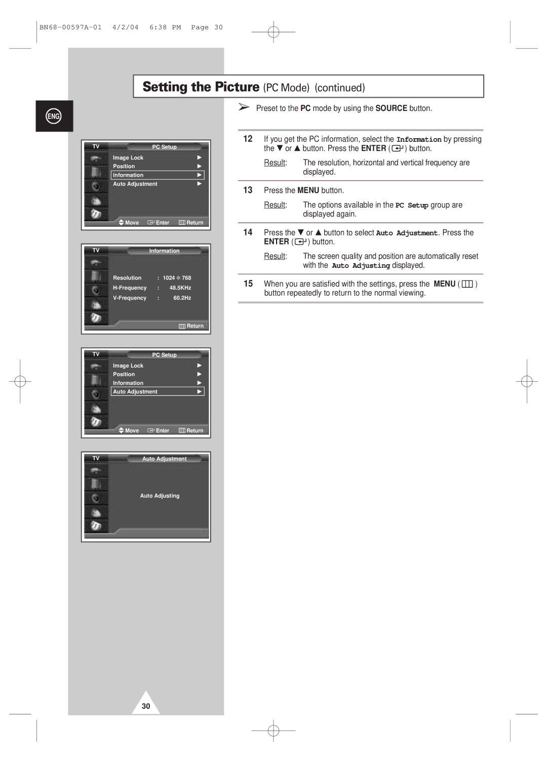 Samsung 4240 manual Setting the Picture PC Mode 