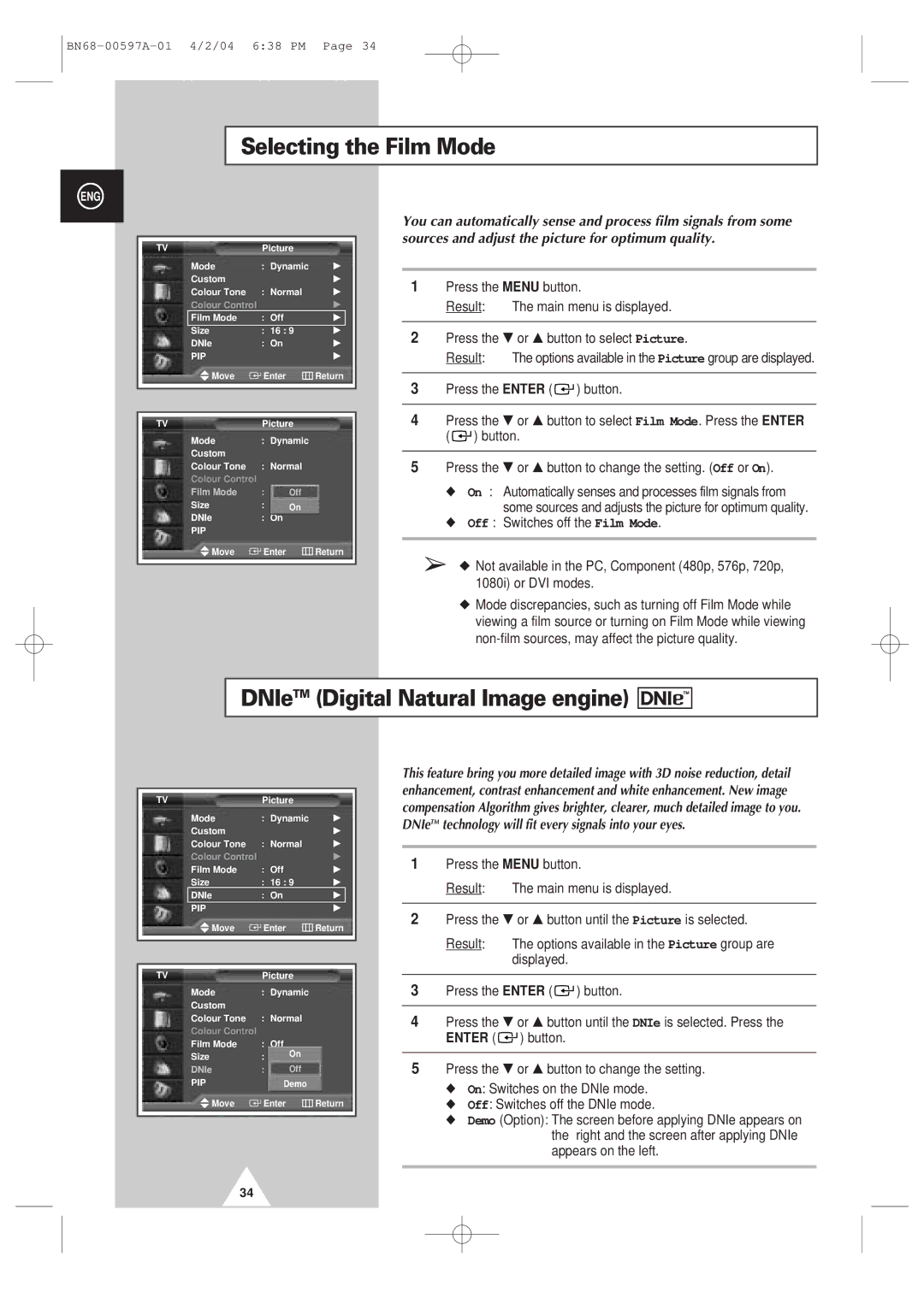 Samsung 4240 manual Selecting the Film Mode, DNIeTM Digital Natural Image engine 