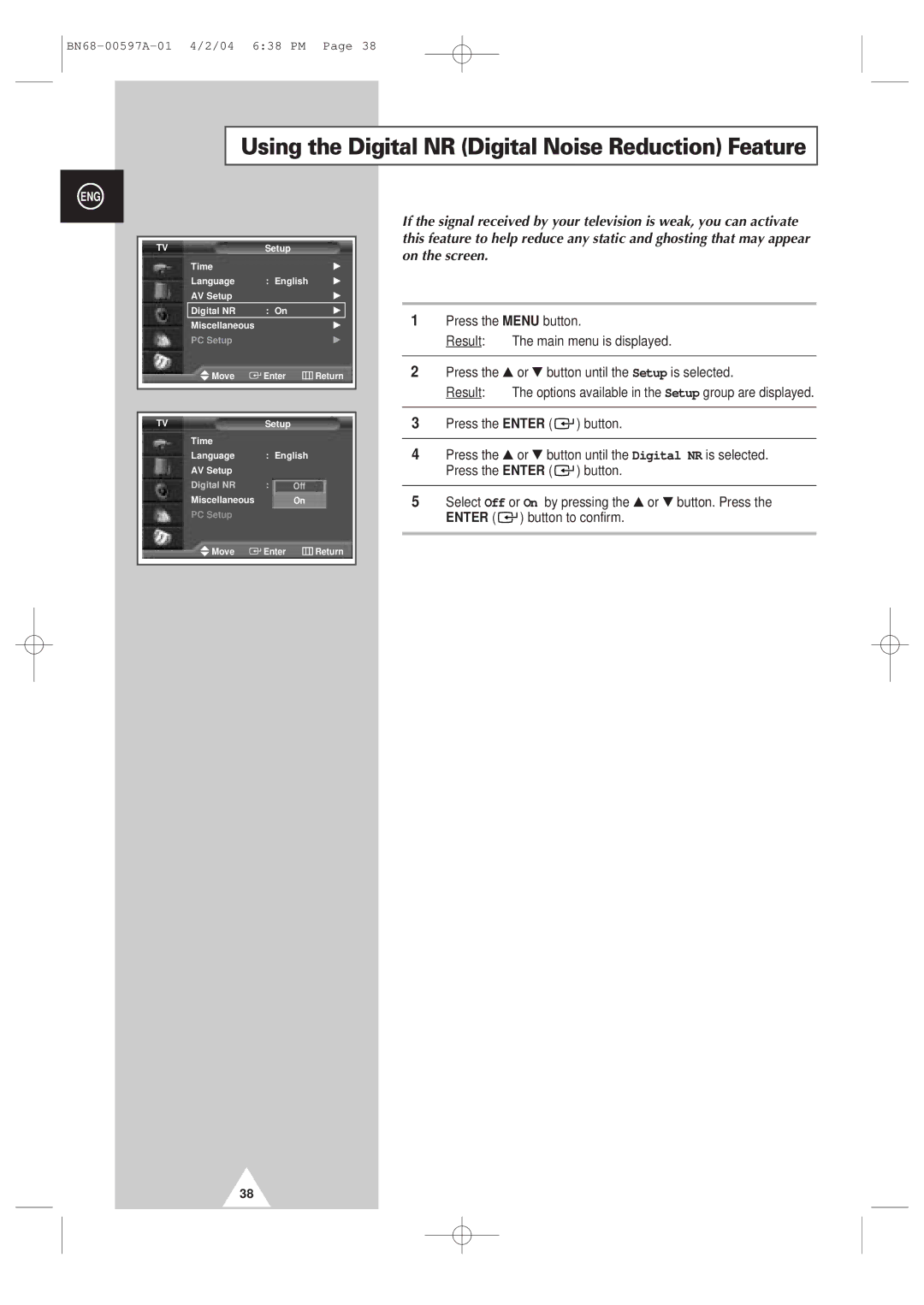 Samsung 4240 manual Using the Digital NR Digital Noise Reduction Feature 