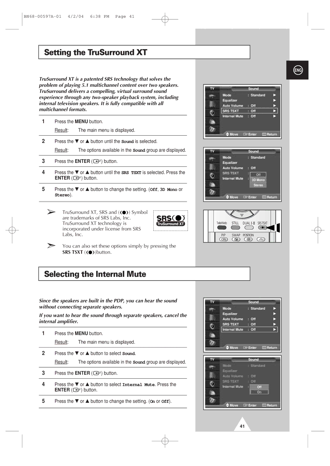 Samsung 4240 manual Setting the TruSurround XT, Selecting the Internal Mute, Stereo 