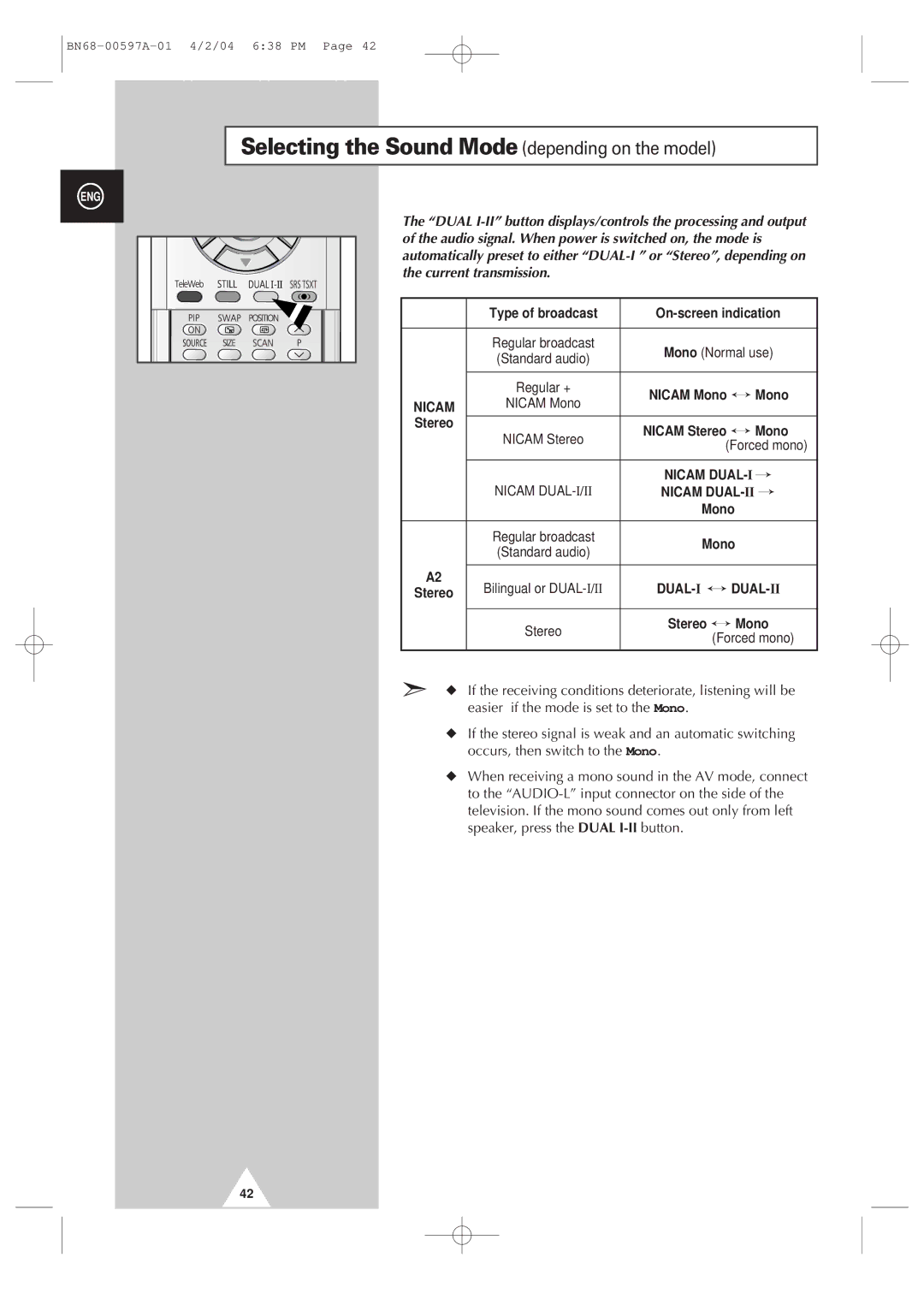 Samsung 4240 manual Selecting the Sound Mode depending on the model 