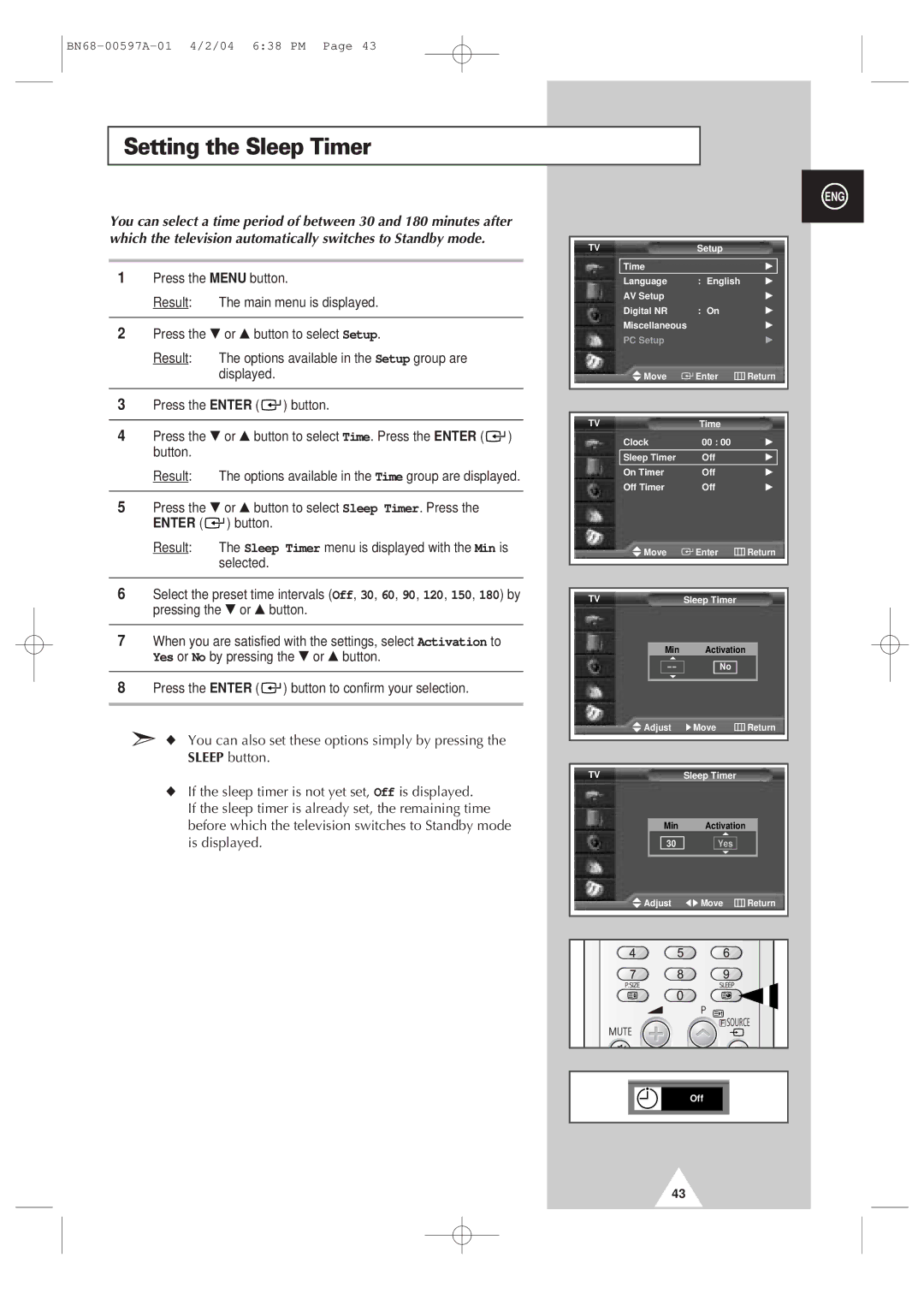 Samsung 4240 manual Setting the Sleep Timer 