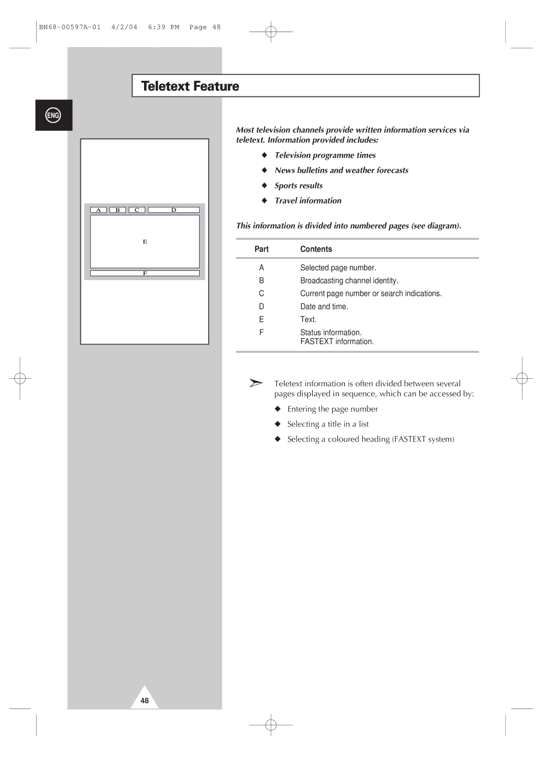 Samsung 4240 manual Teletext Feature, Contents 