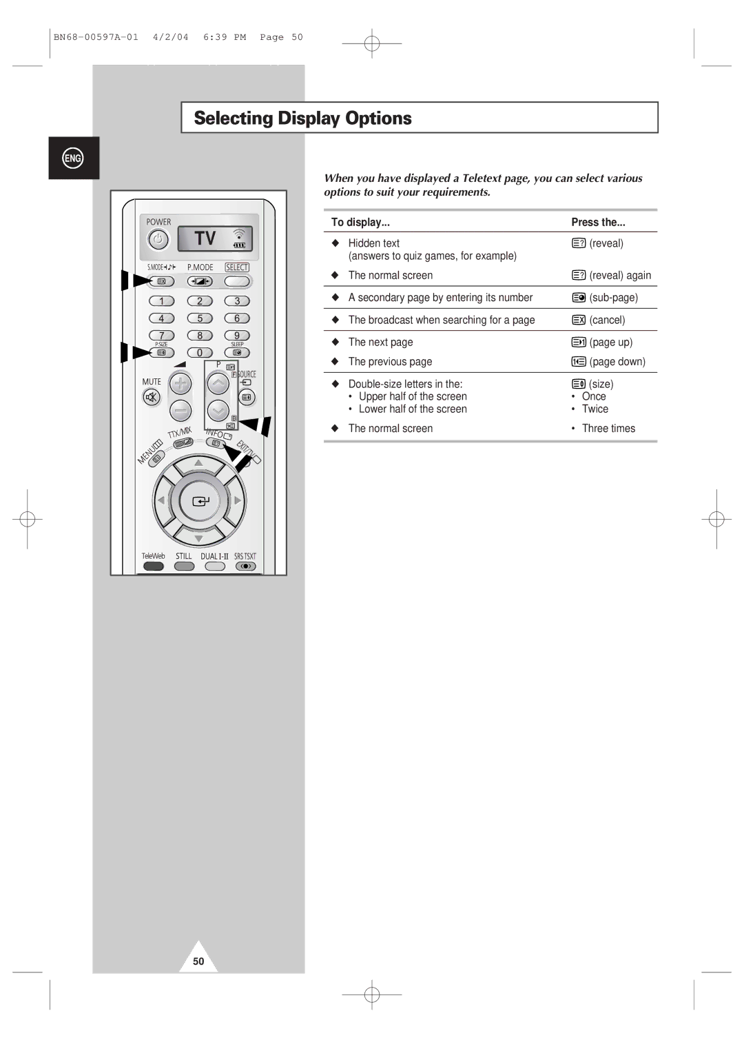 Samsung 4240 manual Selecting Display Options, To display Press 