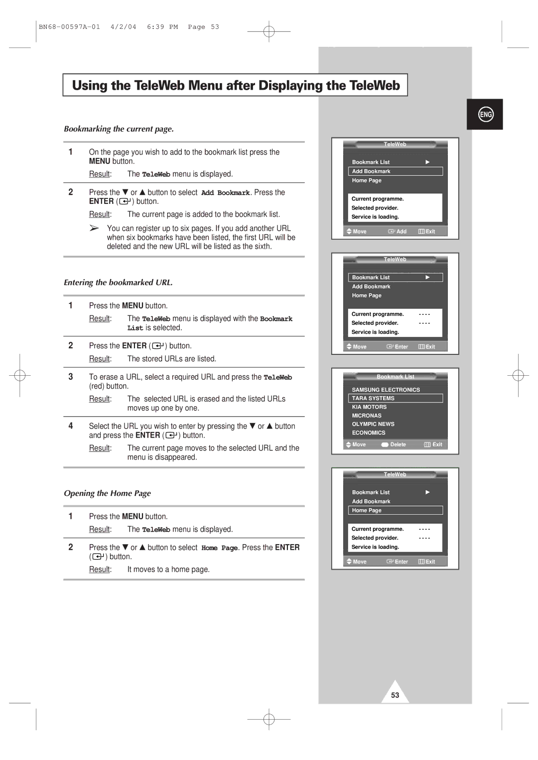 Samsung 4240 Using the TeleWeb Menu after Displaying the TeleWeb, Bookmarking the current, Entering the bookmarked URL 