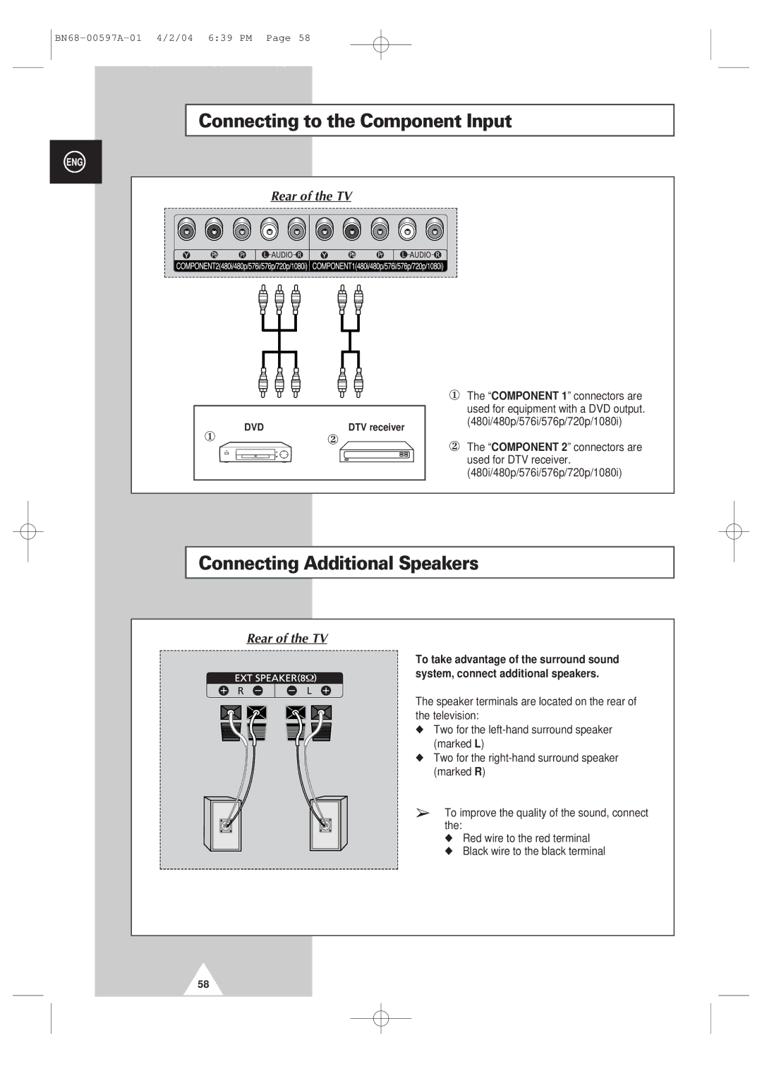 Samsung 4240 manual Connecting to the Component Input, Connecting Additional Speakers 