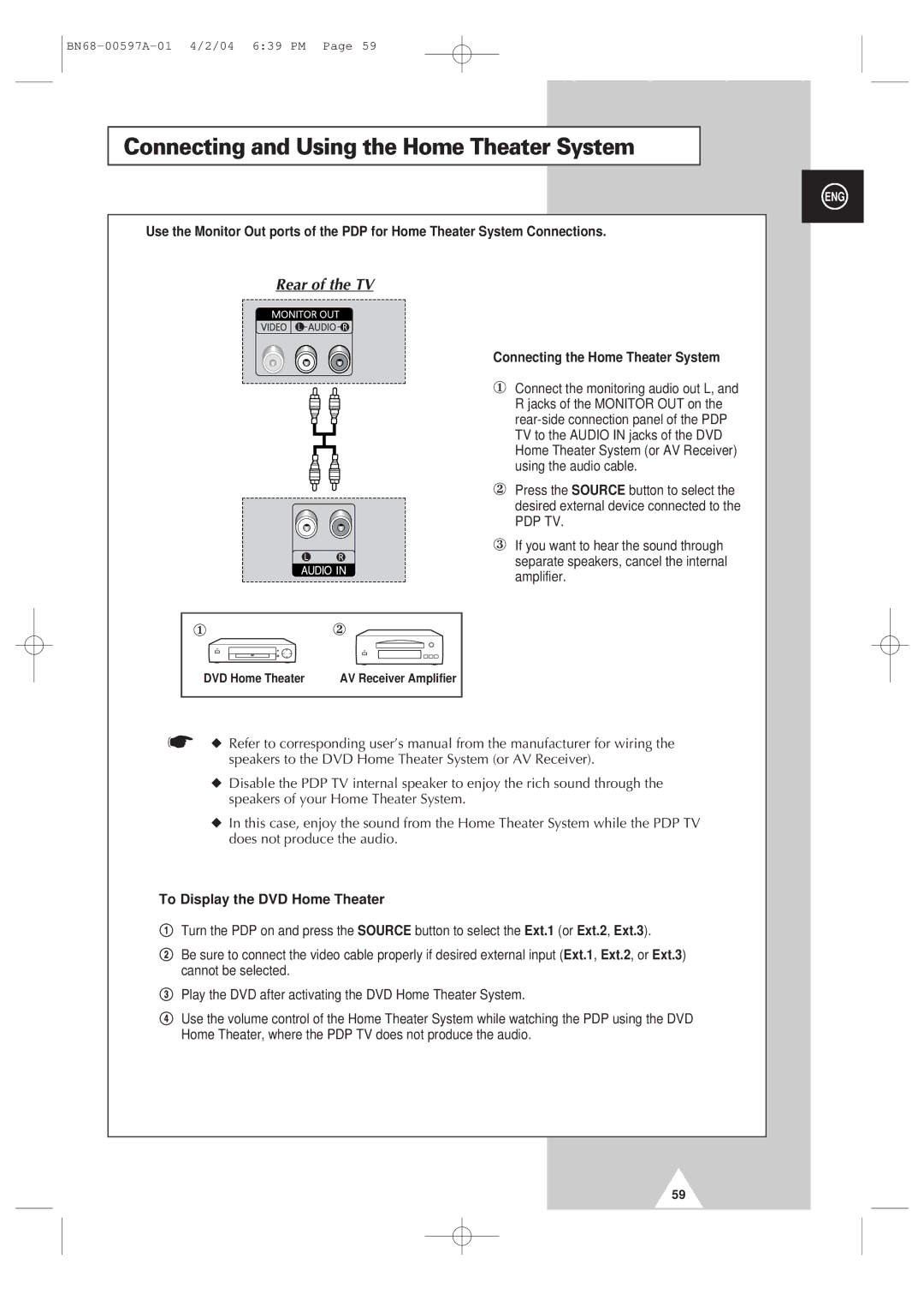 Samsung 4240 manual Connecting and Using the Home Theater System, Connecting the Home Theater System 