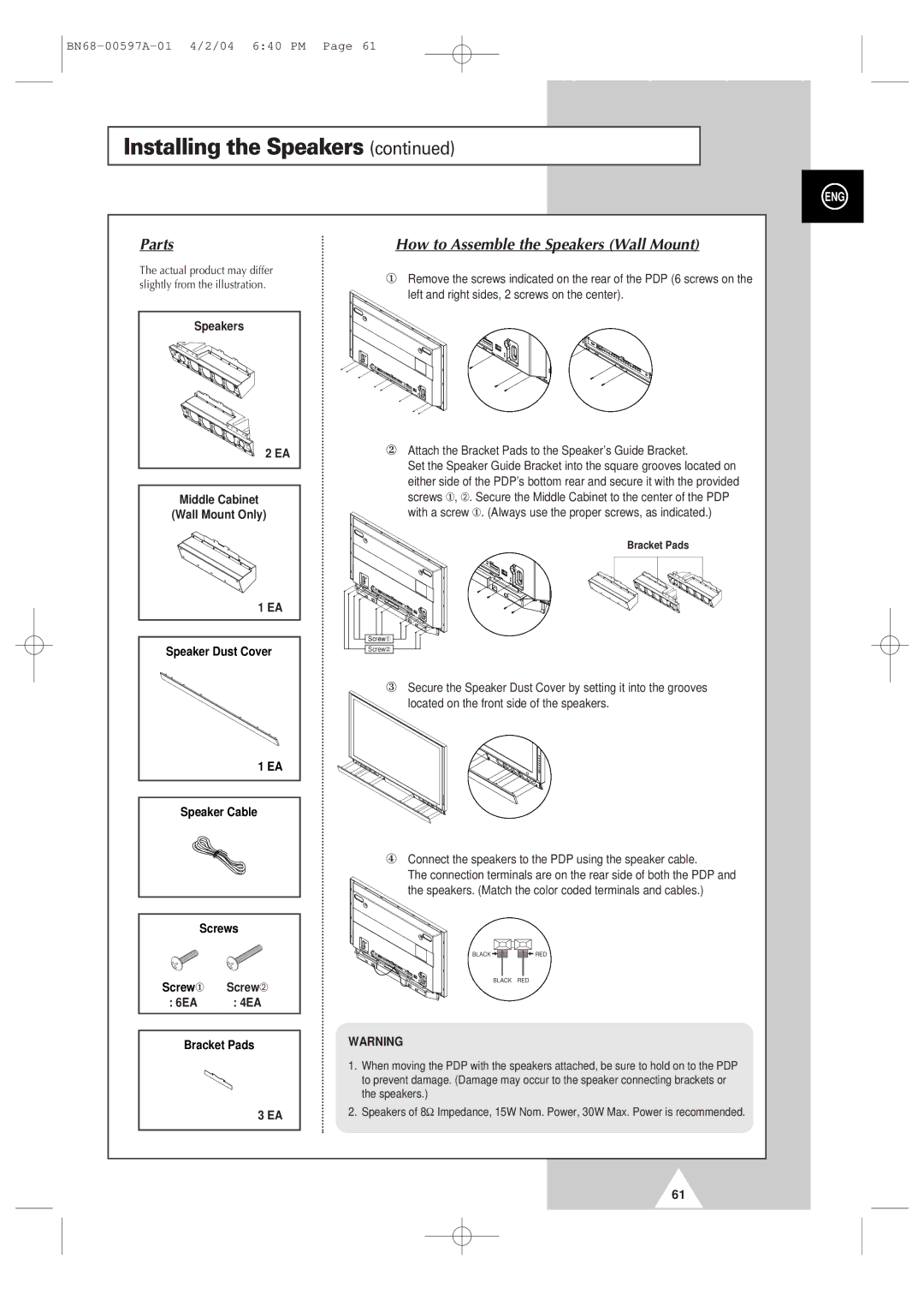 Samsung 4240 manual How to Assemble the Speakers Wall Mount 