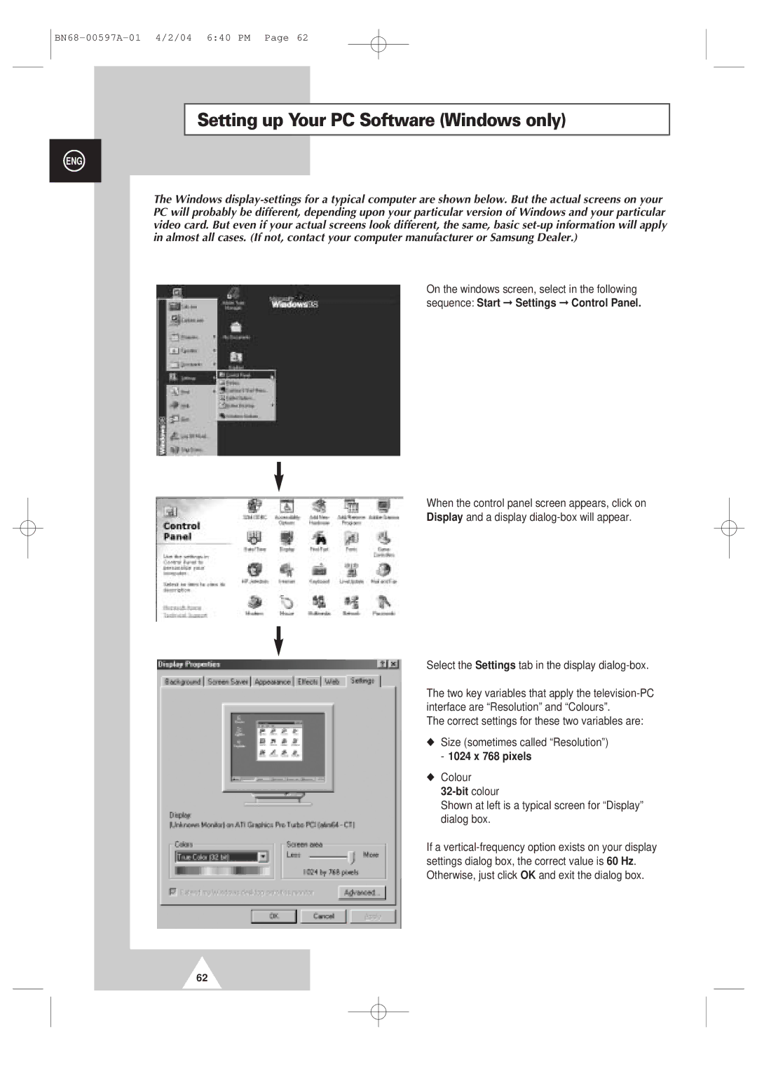 Samsung 4240 manual Bit colour, Shown at left is a typical screen for Display dialog box 