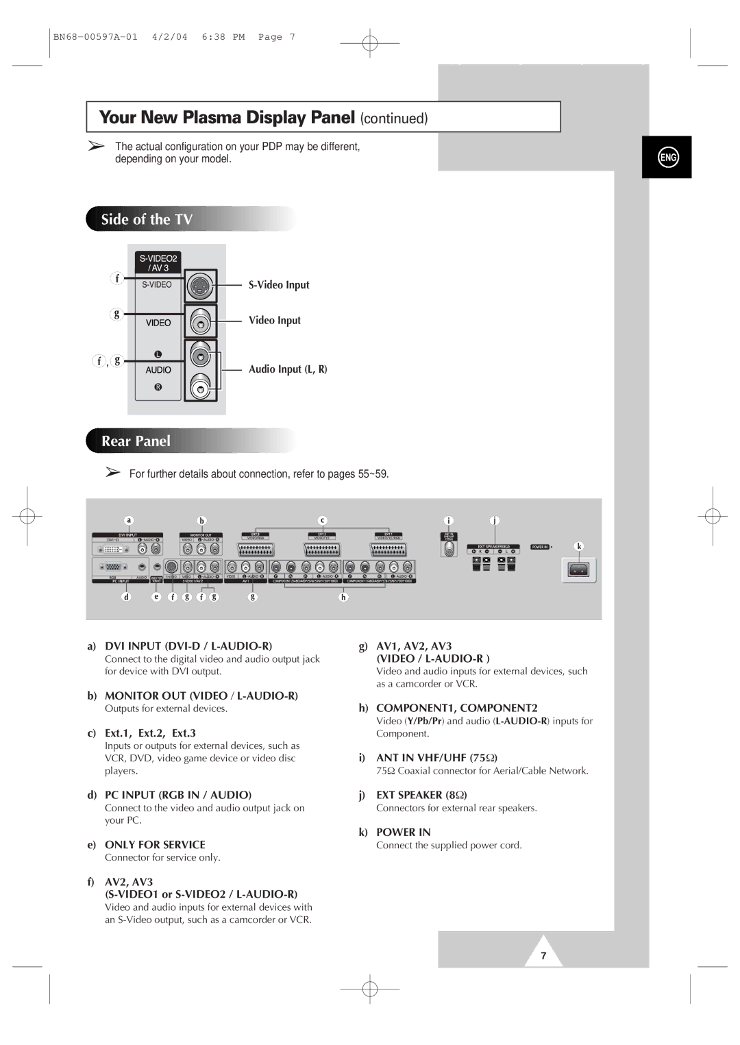 Samsung 4240 manual Depending on your model, For further details about connection, refer to pages 55~59 