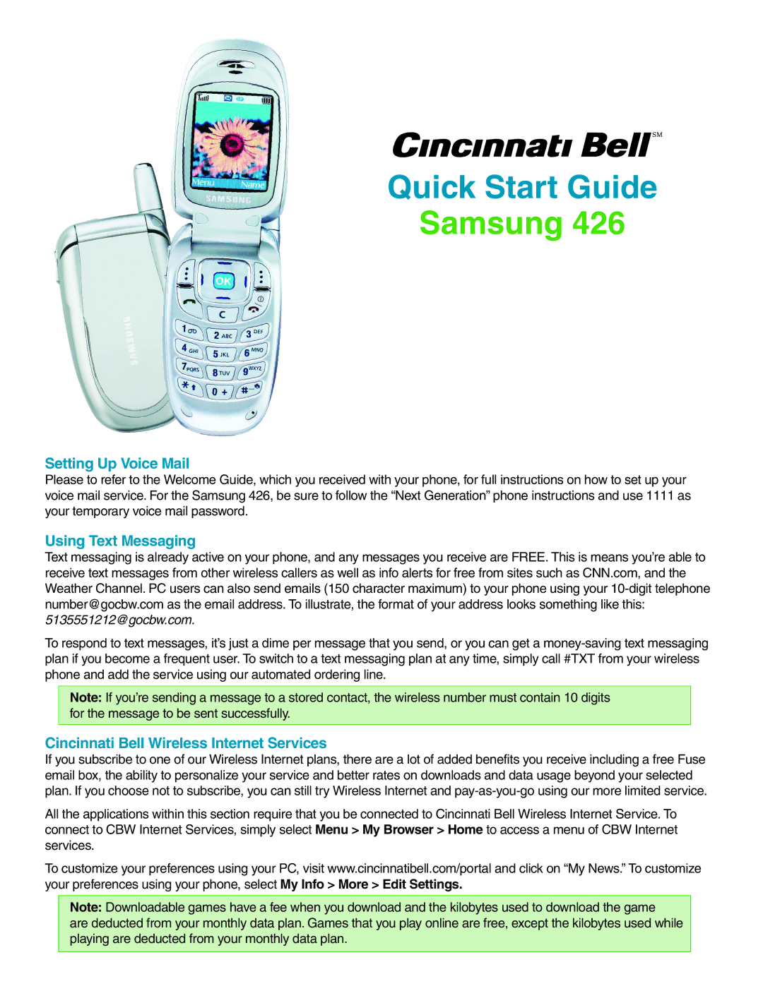 Samsung 426 quick start Setting Up Voice Mail, Using Text Messaging, Cincinnati Bell Wireless Internet Services 