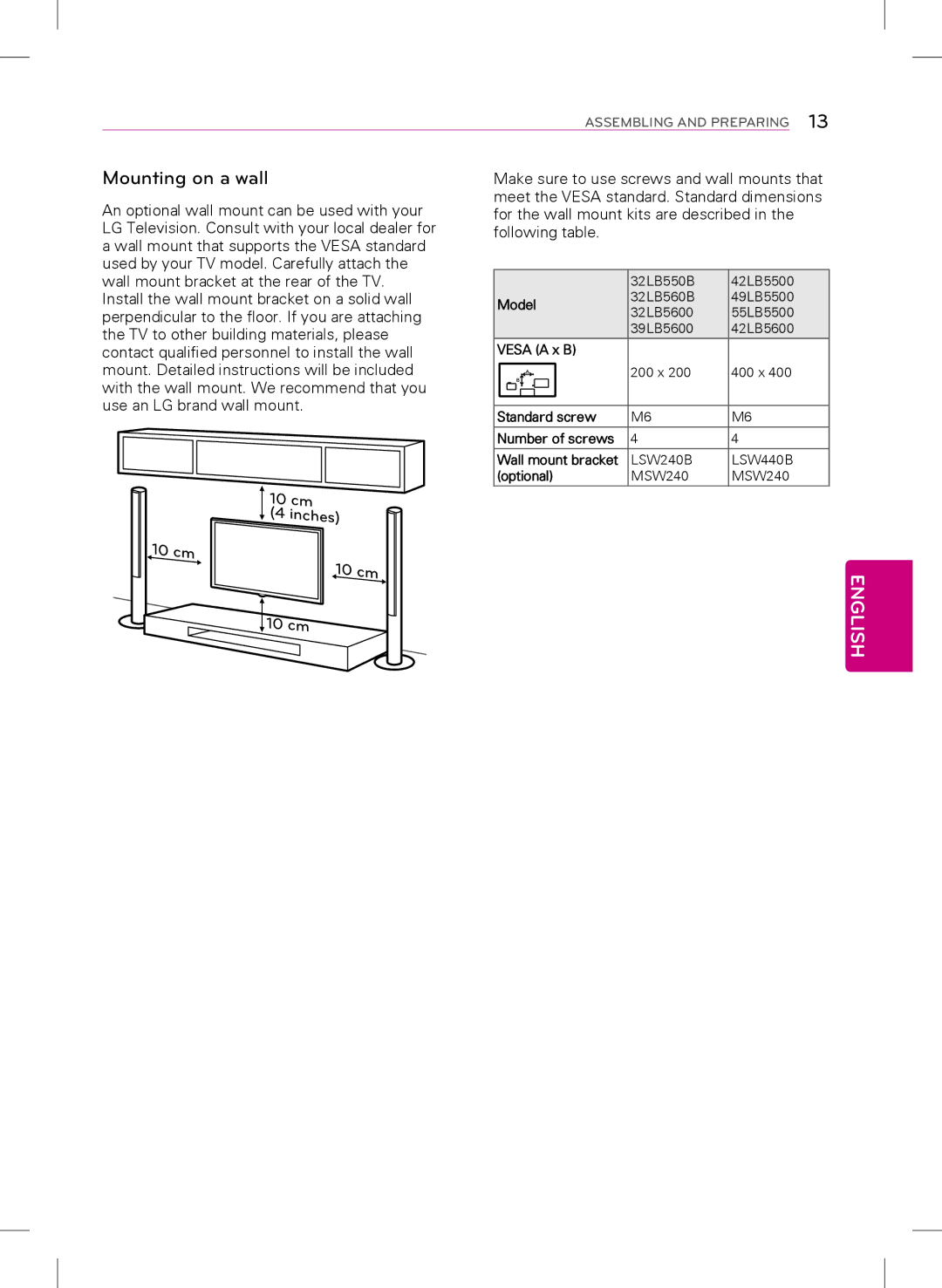 Samsung 32LB560B, 42LB5600, 39LB5600, 32LB5600 owner manual Mounting on a wall, Cm 10 cm 