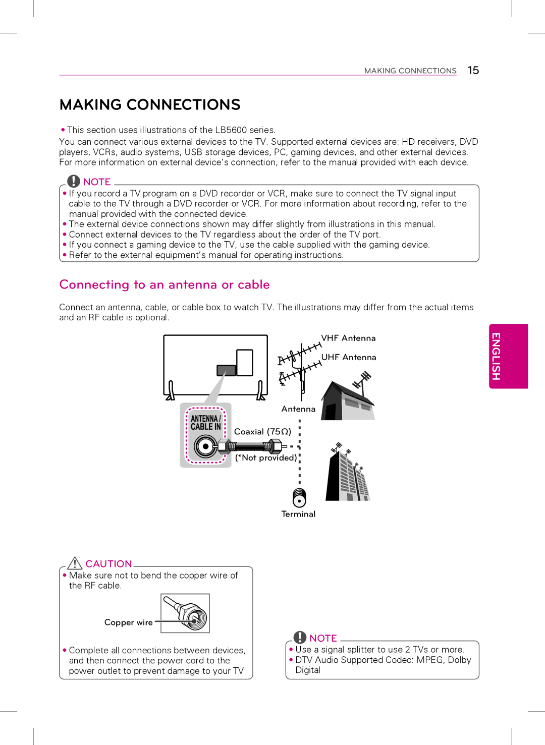 Samsung 32LB5600, 42LB5600, 32LB560B, 39LB5600 owner manual Making Connections, Connecting to an antenna or cable 