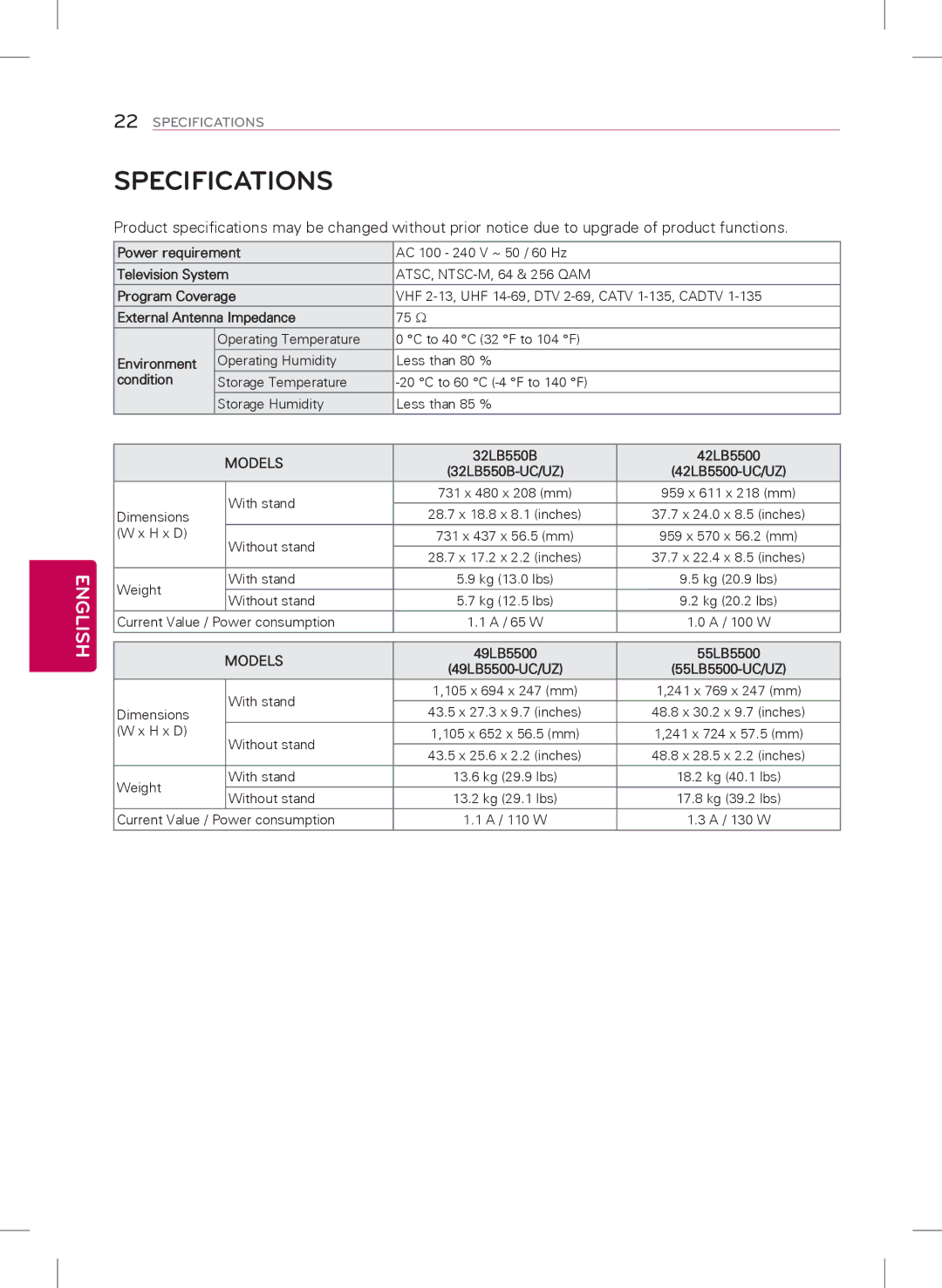 Samsung 39LB5600, 42LB5600, 32LB560B, 32LB5600 owner manual Specifications, Models 