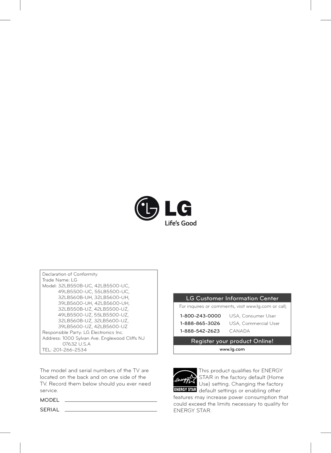 Samsung 42LB5600, 32LB560B, 39LB5600, 32LB5600 owner manual LG Customer Information Center 