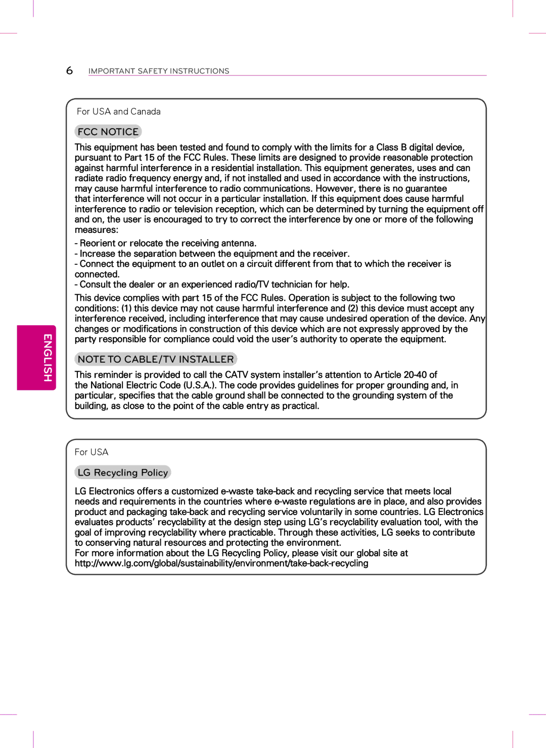 Samsung 39LB5600, 42LB5600, 32LB560B, 32LB5600 owner manual LG Recycling Policy, For USA and Canada 