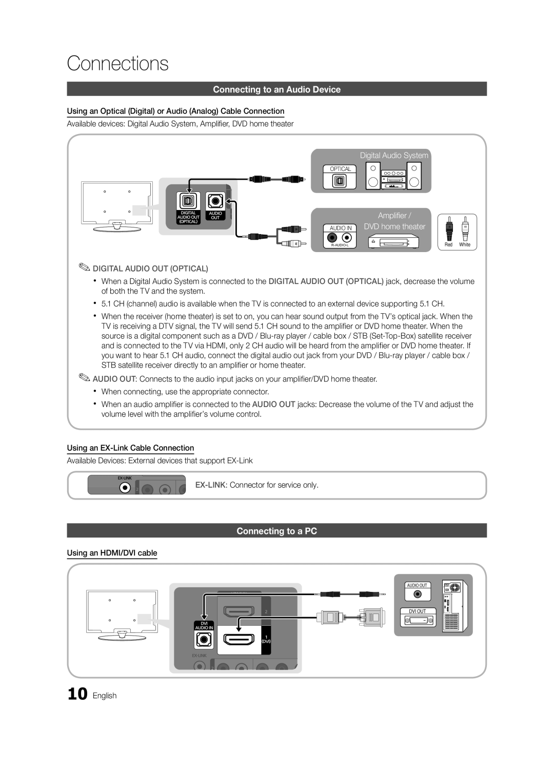 Samsung 430 user manual Connecting to an Audio Device, Connecting to a PC, Using an HDMI/DVI cable 