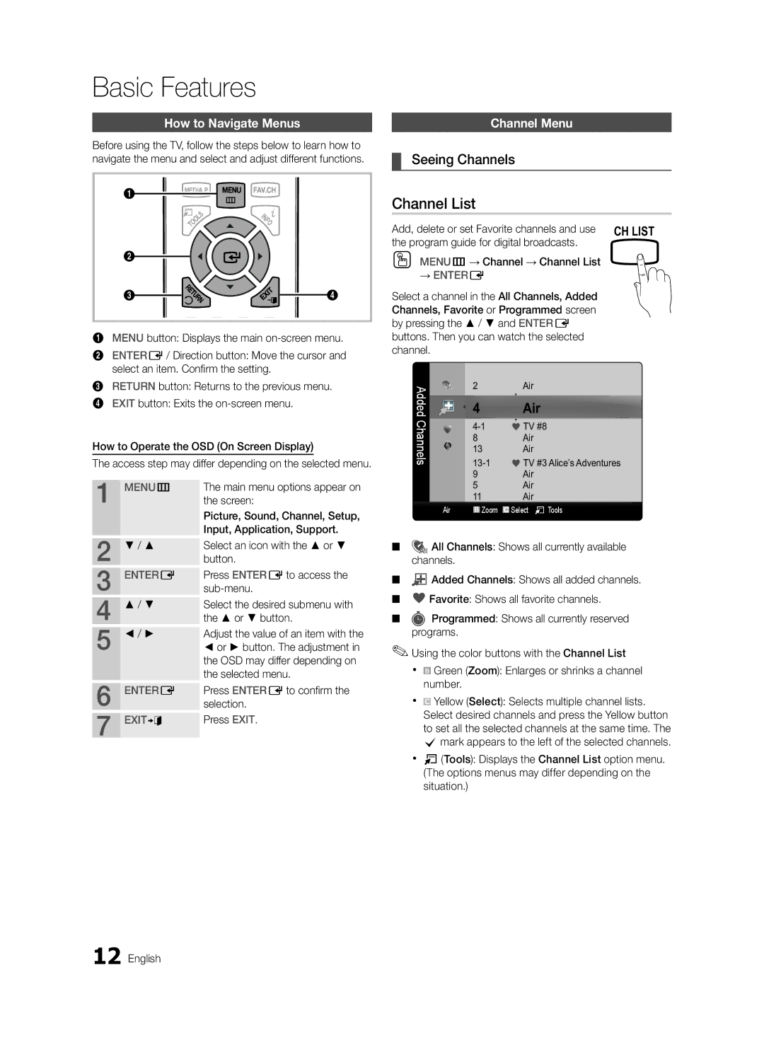 Samsung 430 user manual Basic Features, Channel List, Seeing Channels, How to Navigate Menus, Channel Menu 