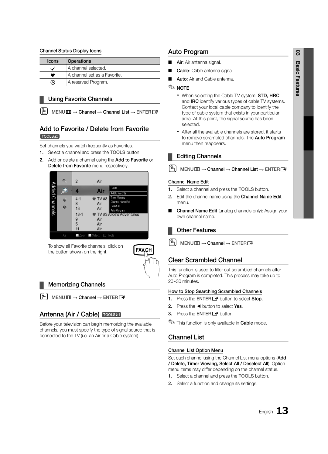 Samsung 430 Add to Favorite / Delete from Favorite, Antenna Air / Cable t, Auto Program, Clear Scrambled Channel 