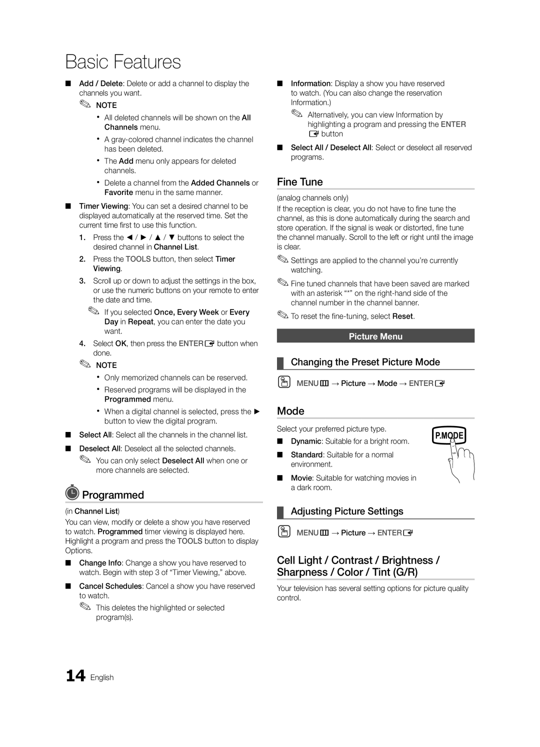 Samsung 430 user manual Programmed, Fine Tune, Changing the Preset Picture Mode, Adjusting Picture Settings 