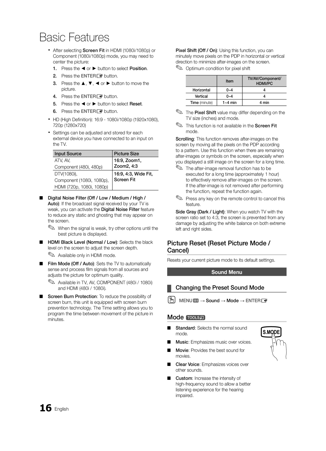 Samsung 430 user manual Picture Reset Reset Picture Mode / Cancel, Mode t, Changing the Preset Sound Mode, Sound Menu 