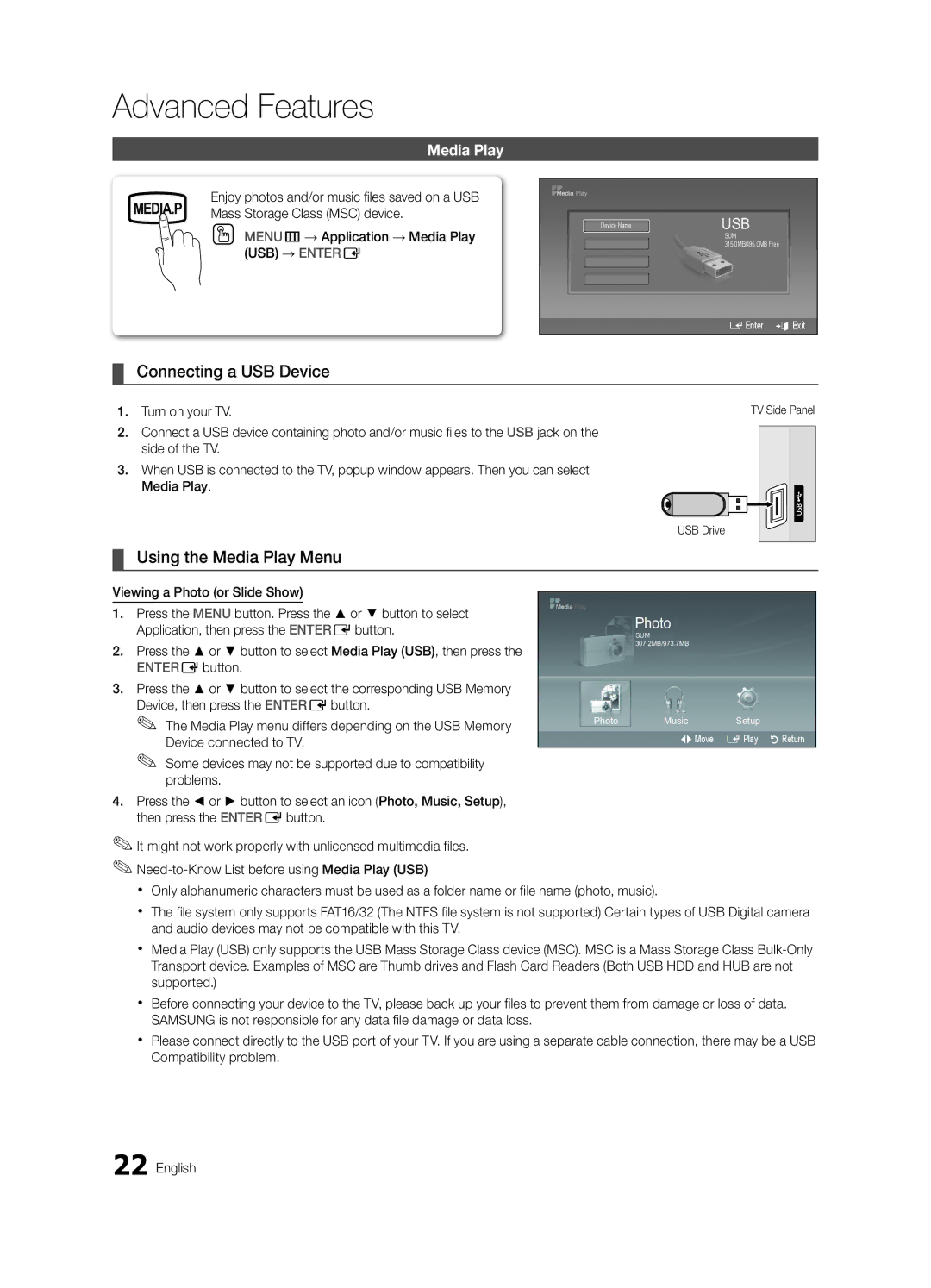 Samsung 430 user manual Advanced Features, Connecting a USB Device, Using the Media Play Menu 