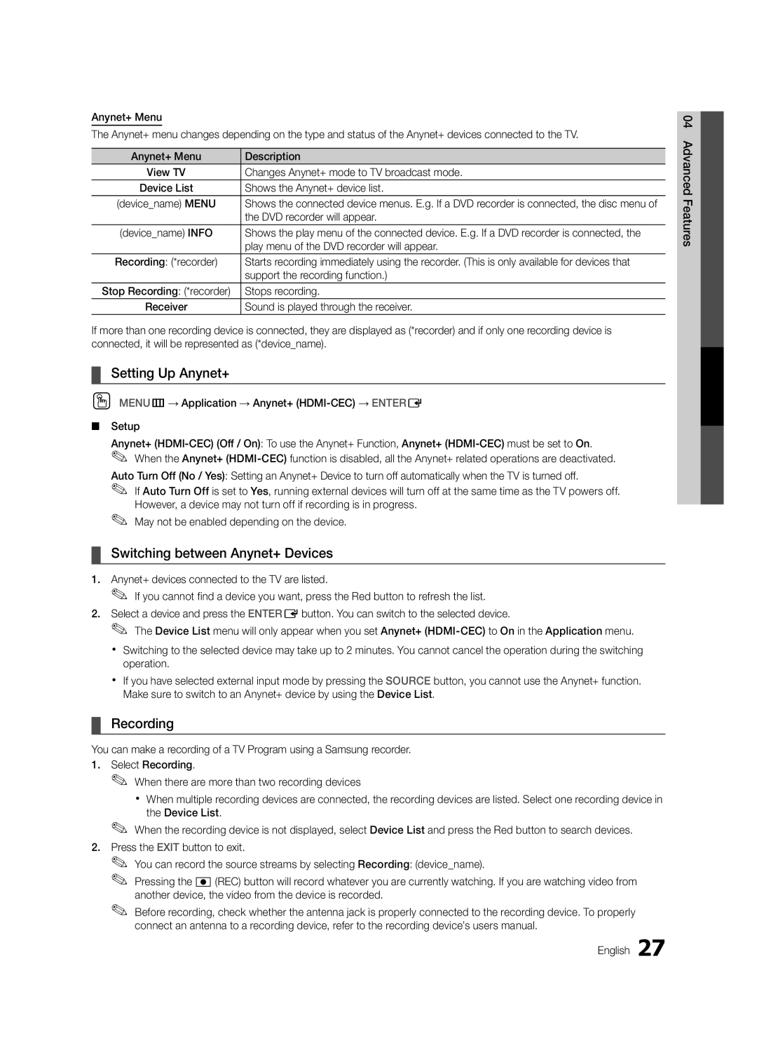 Samsung 430 user manual Setting Up Anynet+, Switching between Anynet+ Devices, Recording 