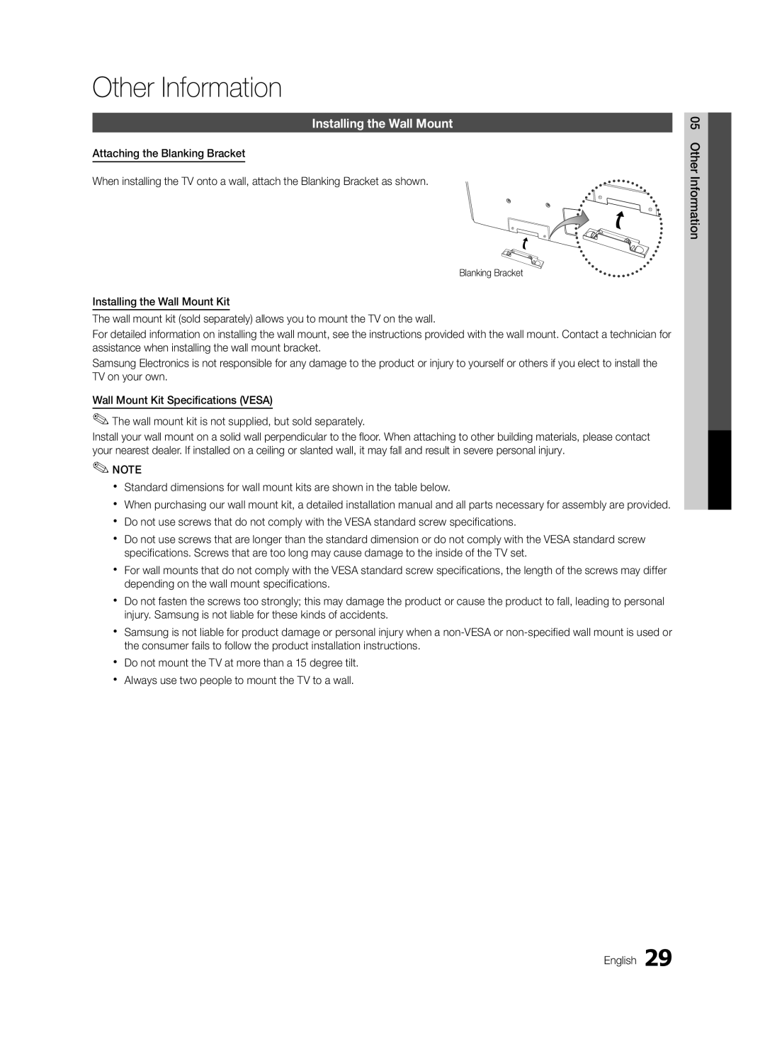 Samsung 430 user manual Installing the Wall Mount, Other Information English, Blanking Bracket 