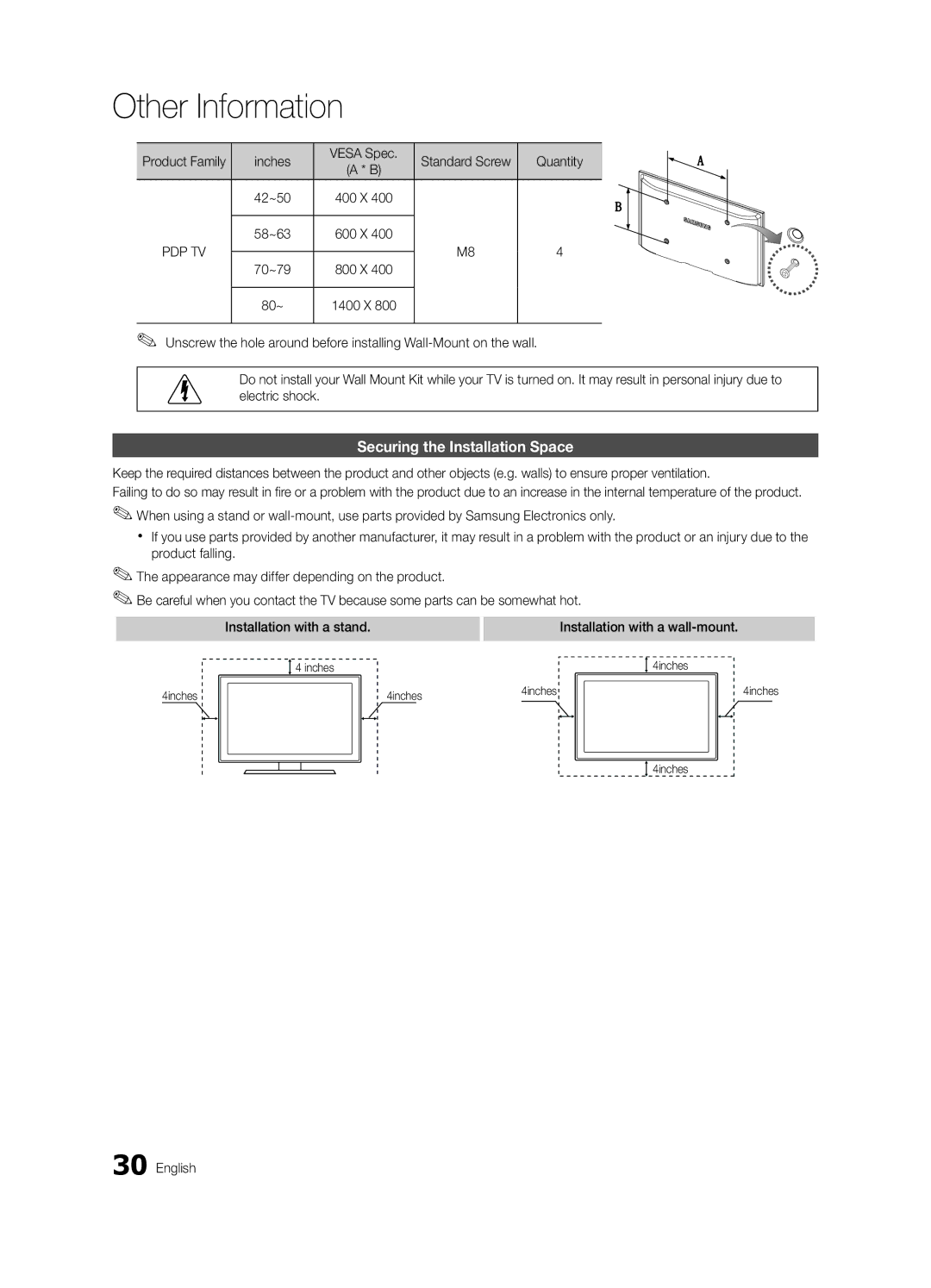 Samsung 430 user manual Securing the Installation Space, Product Family Inches Vesa Spec, Quantity 