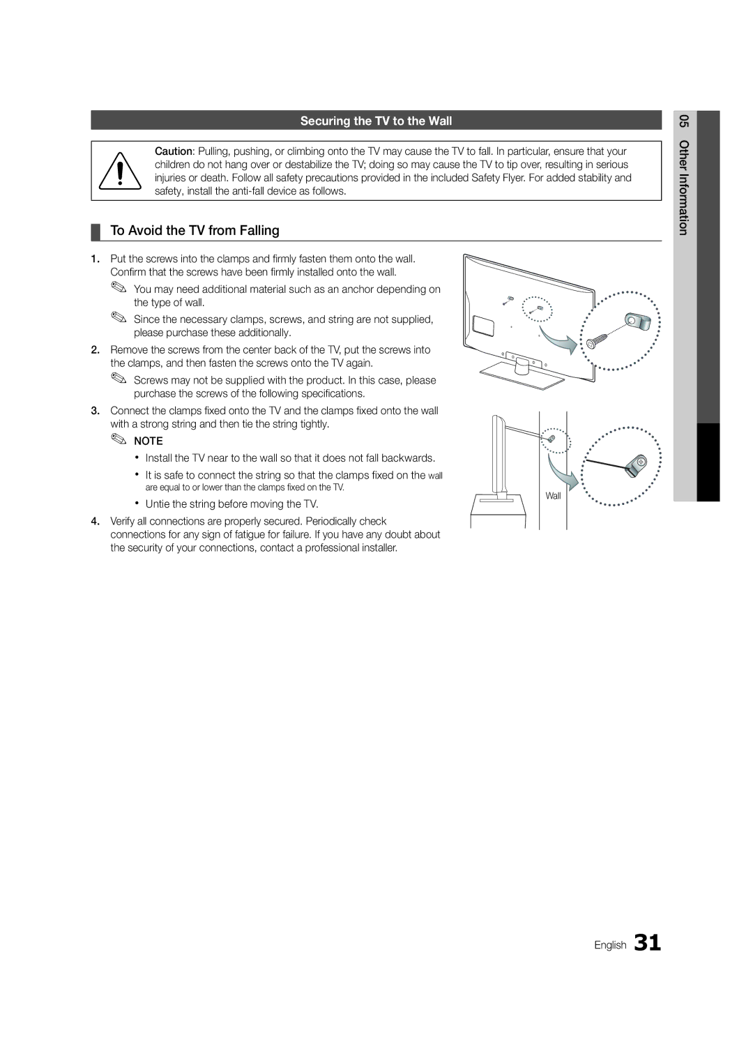 Samsung 430 user manual To Avoid the TV from Falling, Securing the TV to the Wall, Untie the string before moving the TV 