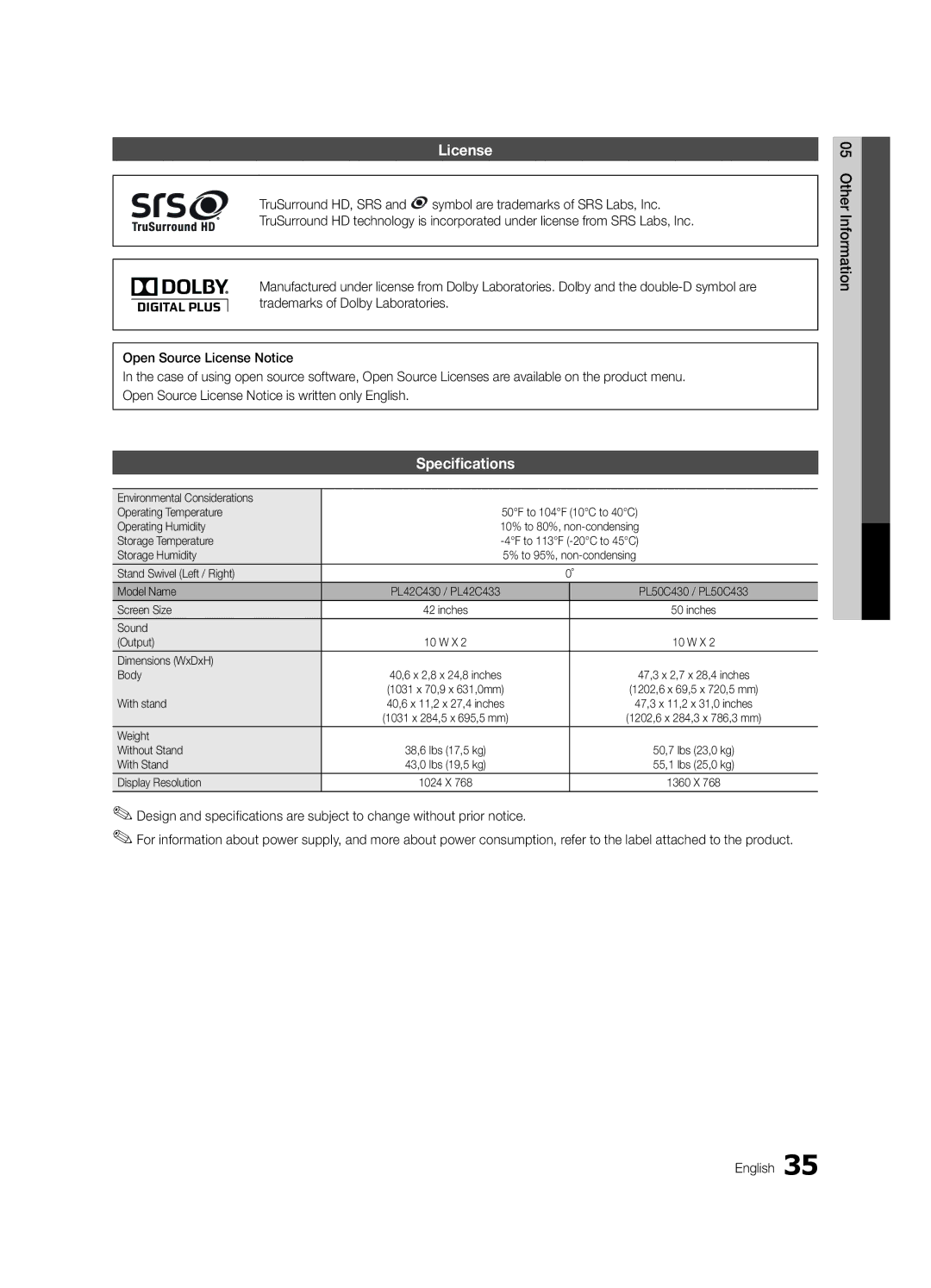 Samsung 430 user manual License, Specifications 