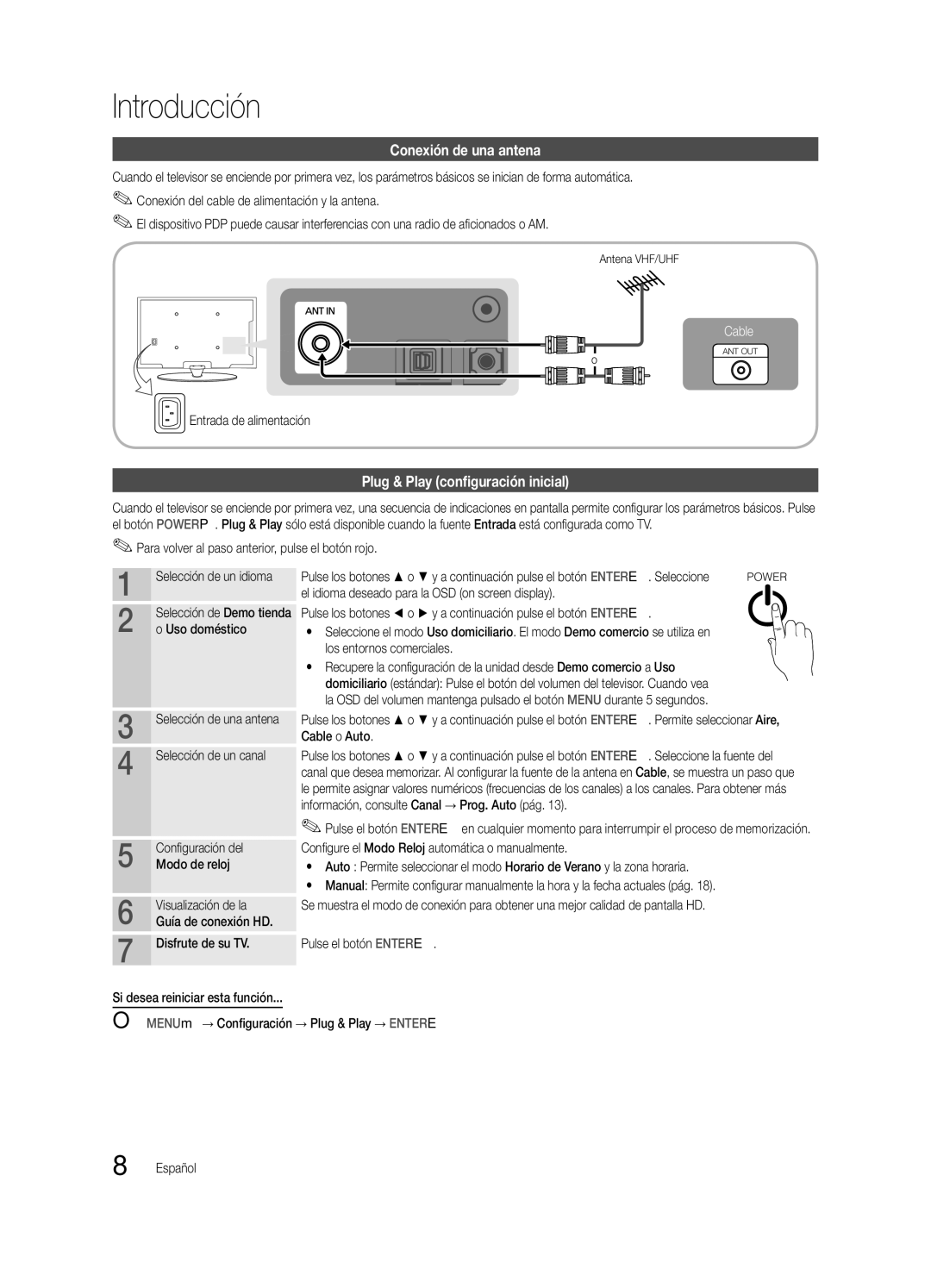 Samsung 430 user manual Conexión de una antena, Plug & Play configuración inicial, Entrada de alimentación, Antena VHF/UHF 