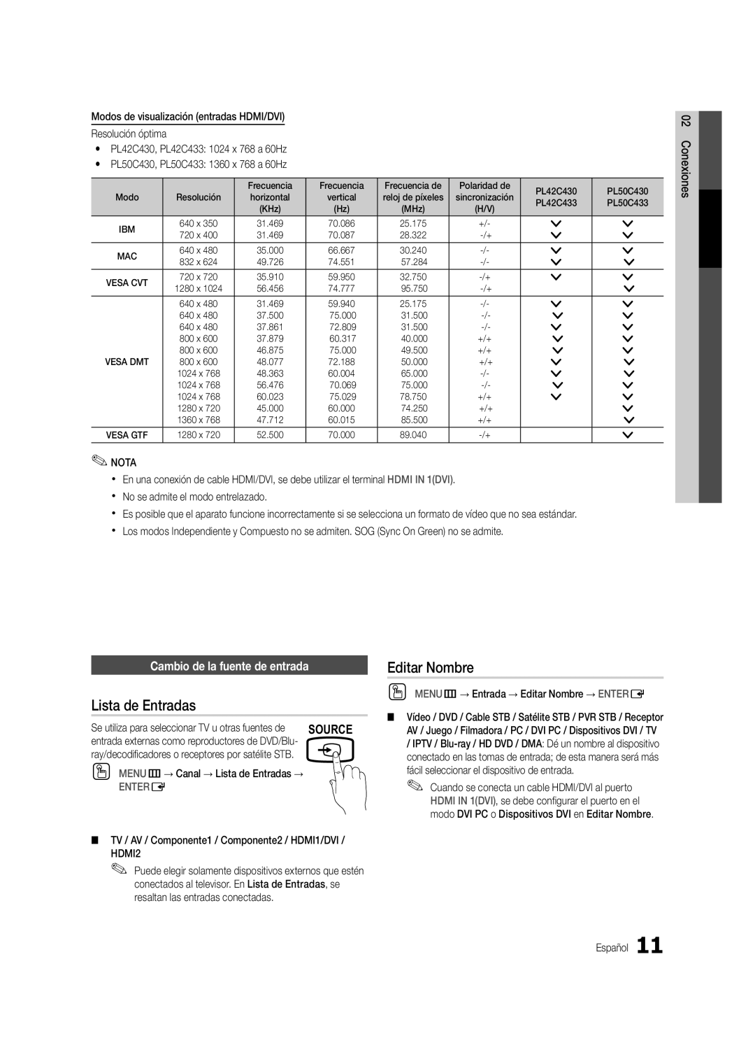 Samsung 430 user manual Lista de Entradas, Editar Nombre, Cambio de la fuente de entrada 