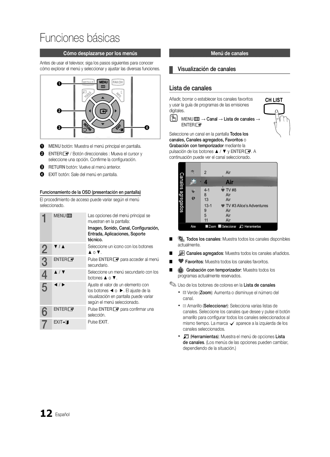 Samsung 430 Funciones básicas, Lista de canales, Visualización de canales, Cómo desplazarse por los menús, Menú de canales 