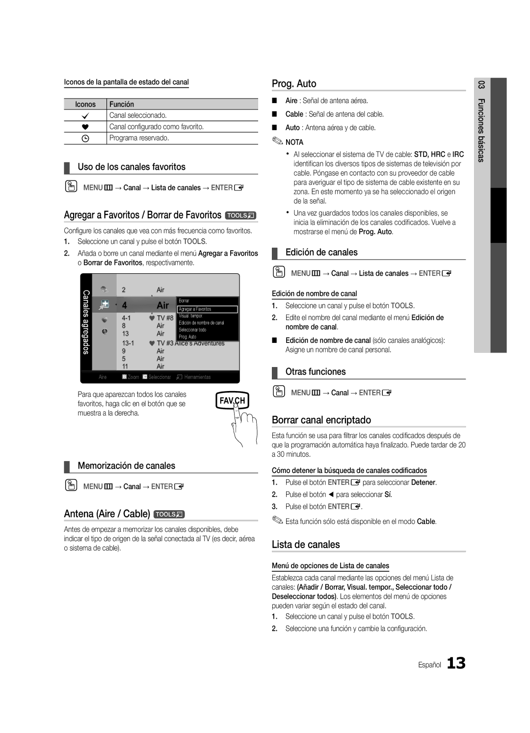 Samsung 430 Agregar a Favoritos / Borrar de Favoritos t, Prog. Auto, Antena Aire / Cable t, Borrar canal encriptado 