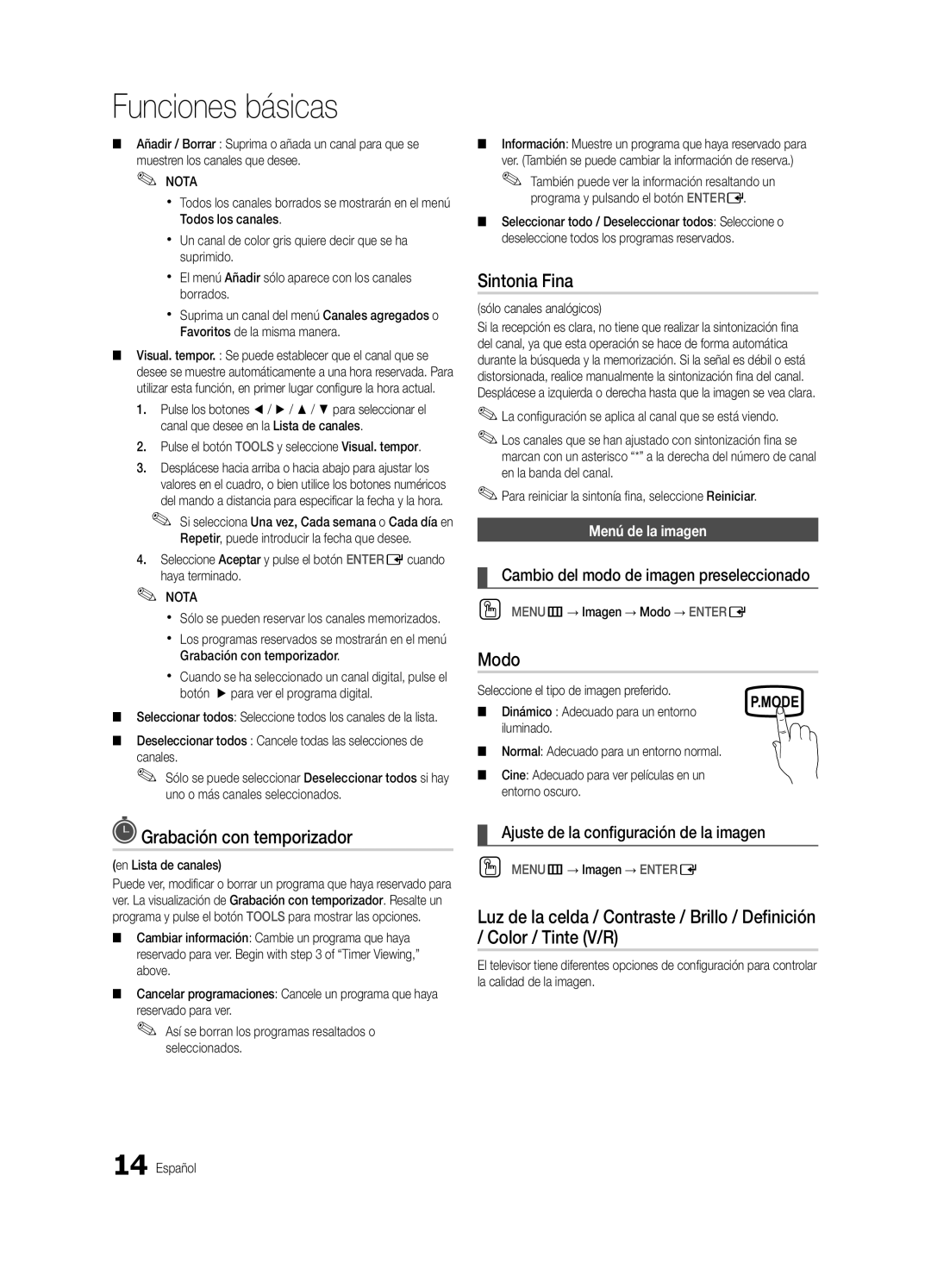 Samsung 430 user manual Sintonia Fina, Modo, Grabación con temporizador, Cambio del modo de imagen preseleccionado 