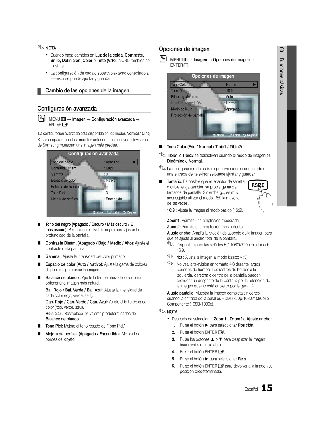 Samsung 430 user manual Configuración avanzada, Opciones de imagen, Cambio de las opciones de la imagen 