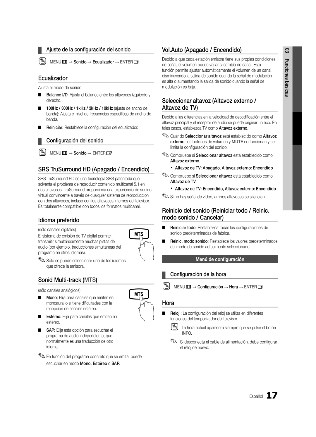 Samsung 430 user manual Ecualizador, Idioma preferido, Sonid Multi-track MTS, Vol.Auto Apagado / Encendido, Hora 