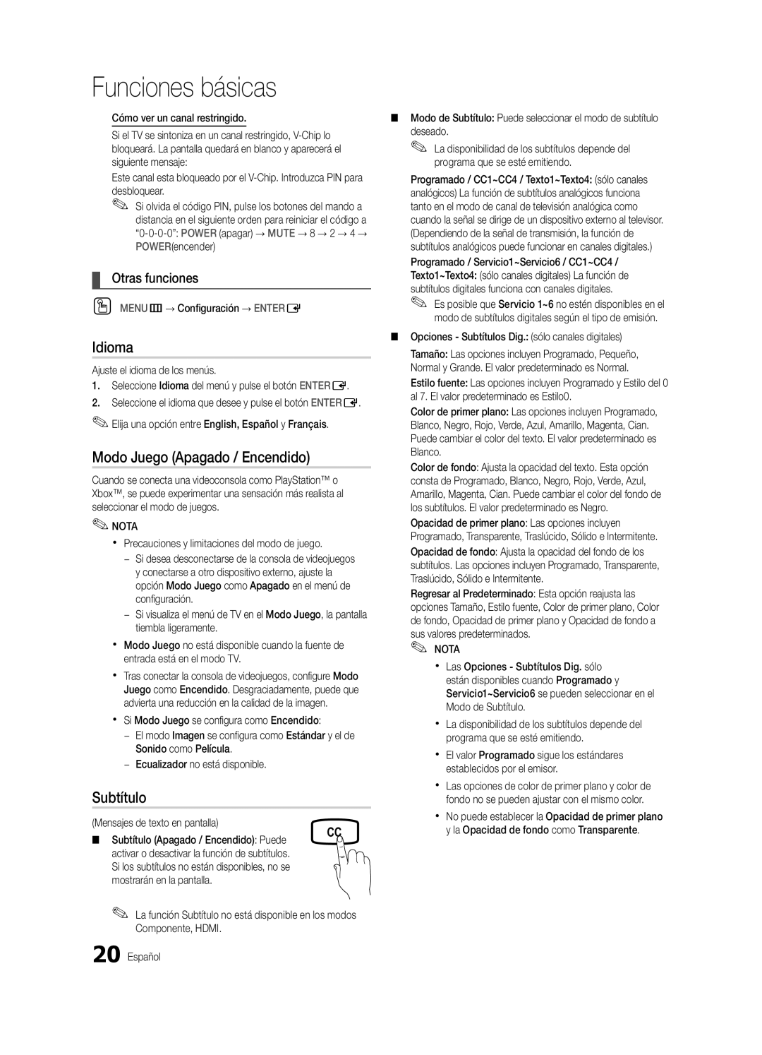 Samsung 430 user manual Idioma, Modo Juego Apagado / Encendido, Subtítulo 