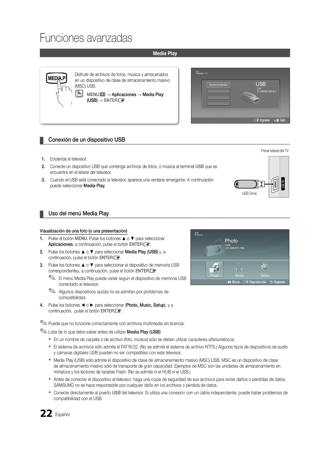 Samsung 430 user manual Funciones avanzadas, Conexión de un dispositivo USB, Uso del menú Media Play 