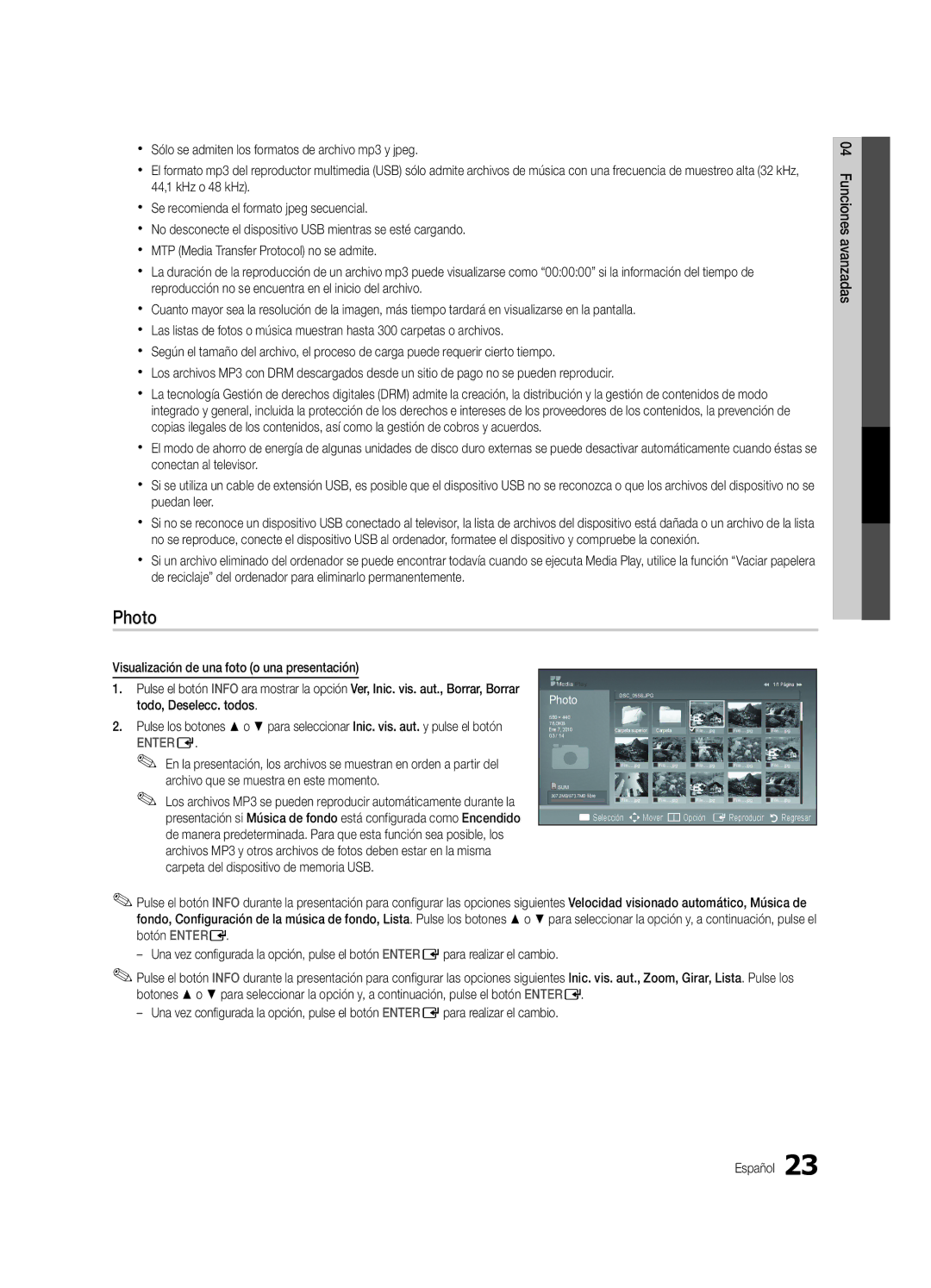 Samsung 430 user manual Photo, Visualización de una foto o una presentación, Todo, Deselecc. todos 