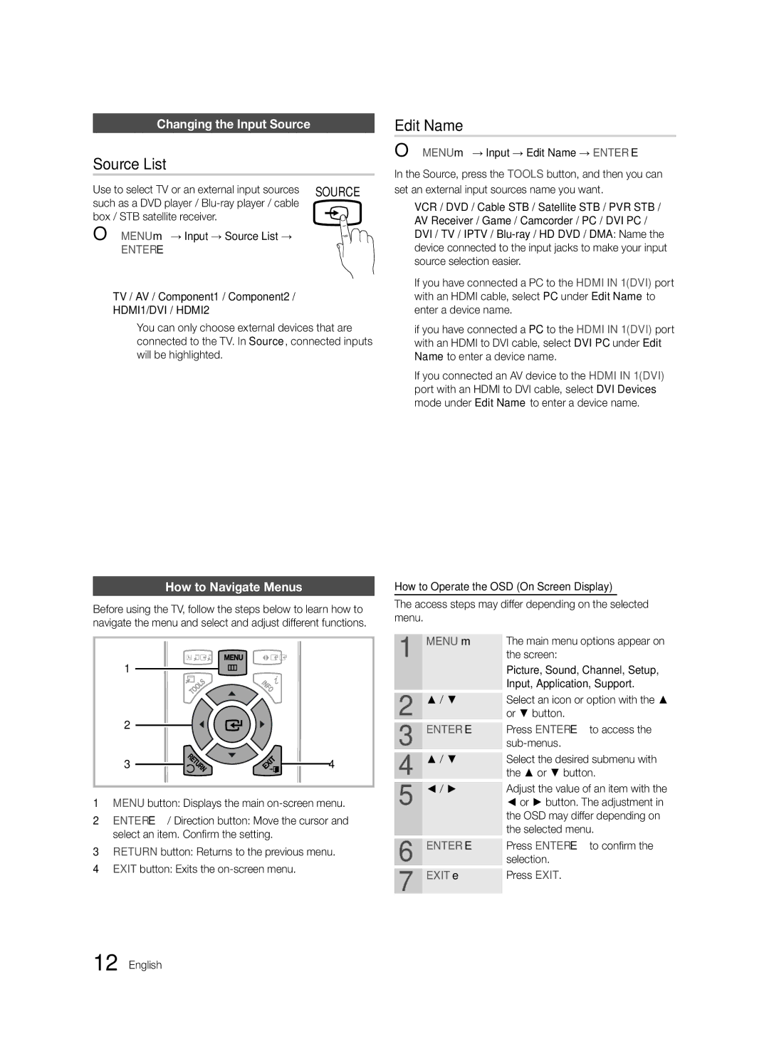 Samsung 430 user manual Basic Features, Source List, Edit Name, Changing the Input Source, How to Navigate Menus 