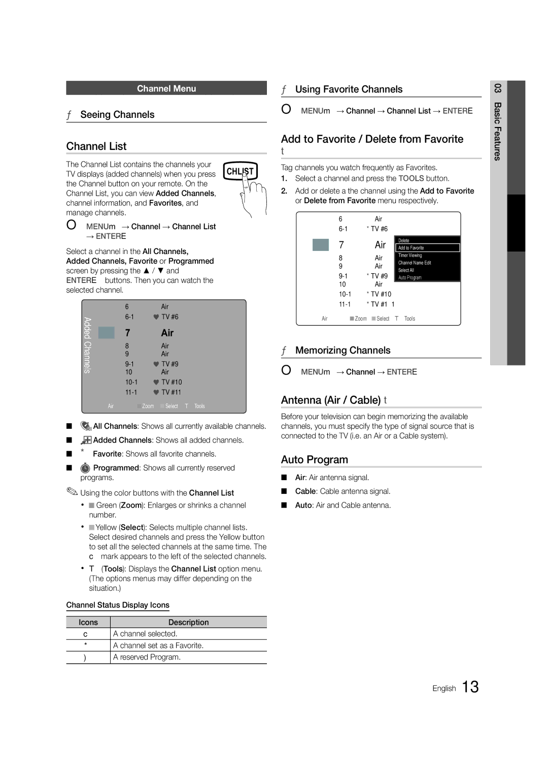 Samsung 430 user manual Channel List, Add to Favorite / Delete from Favorite, Antenna Air / Cable t, Auto Program 