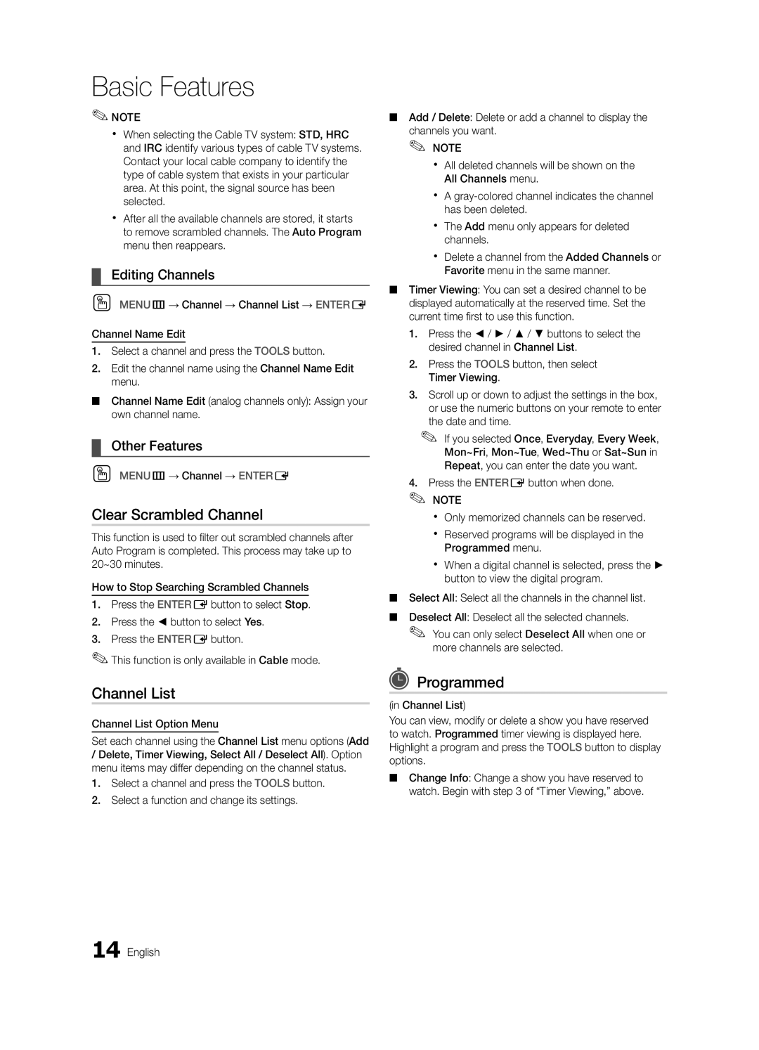 Samsung 430 user manual Clear Scrambled Channel, Programmed, Editing Channels, Other Features, Channel List Option Menu 